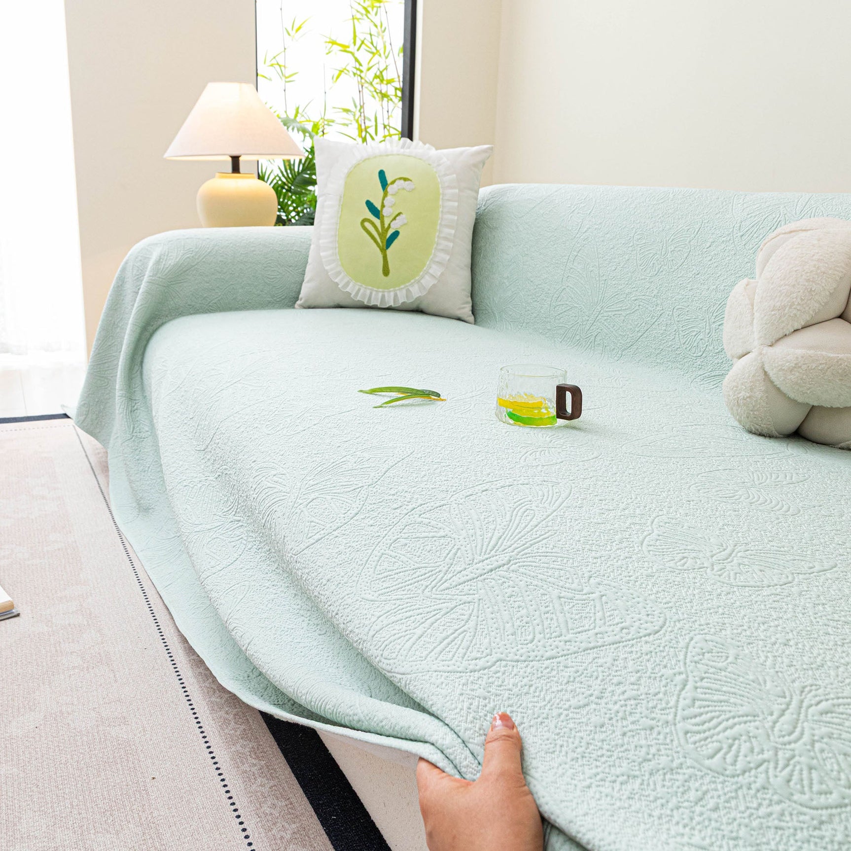 Cooling Embossed Botanical Couch Cover, Soft Ice Silk Furniture Protector for Sofa - Ornate Home