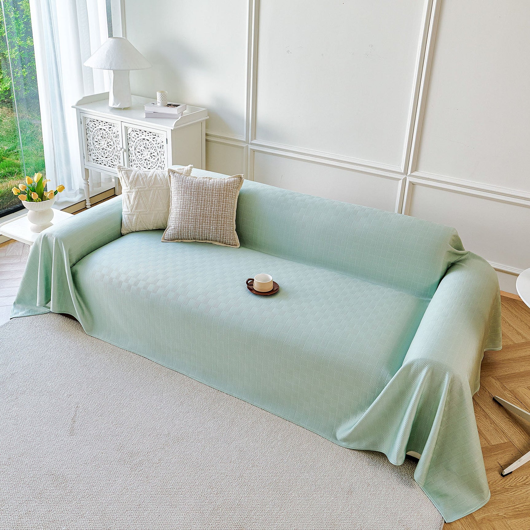 Cooling Ice Silk Soft Sofa Cover Blanket, Woven Geometric Textured Modern Couch Cover - Ornate Home