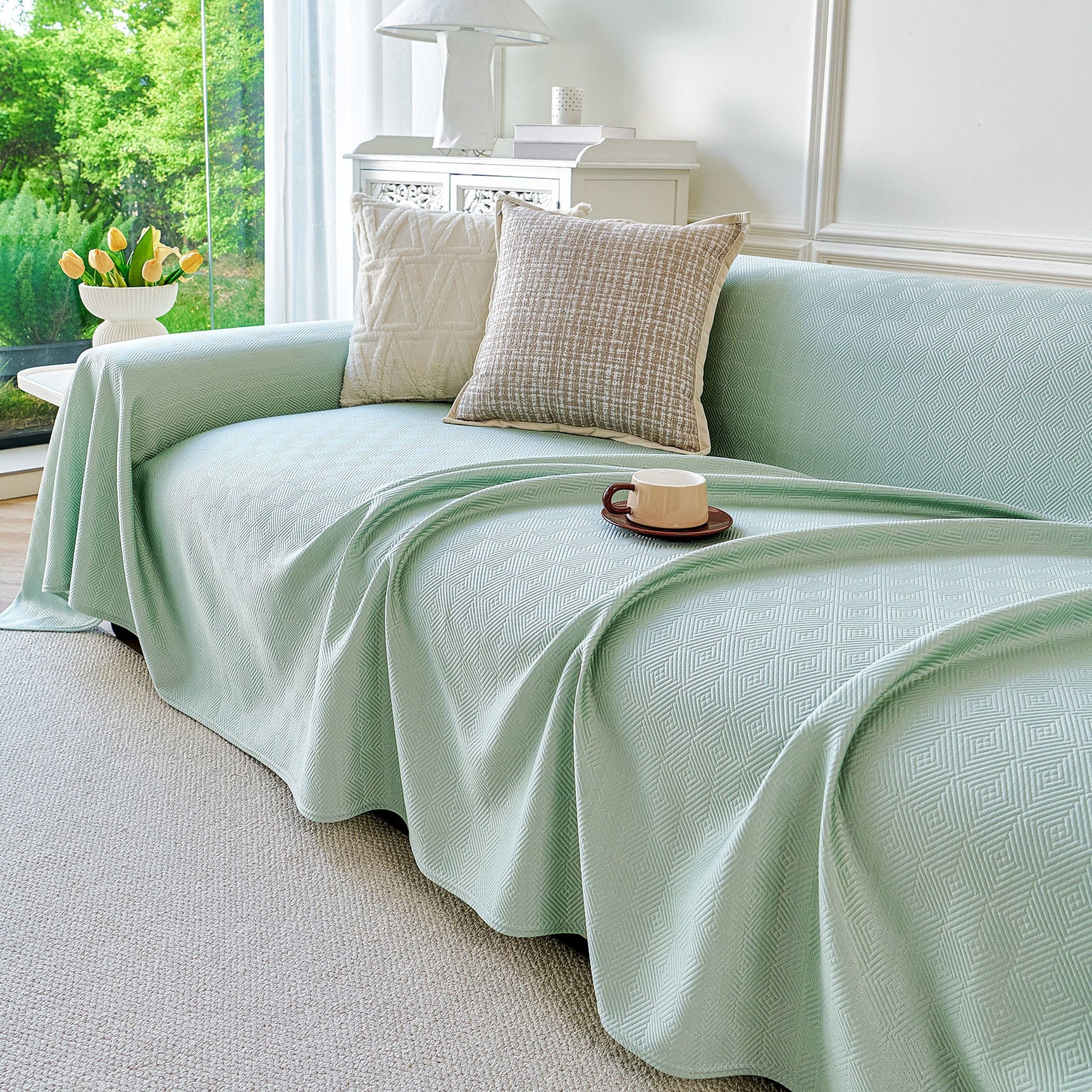 Cooling Ice Silk Soft Sofa Cover Blanket, Woven Geometric Textured Modern Couch Cover - Ornate Home