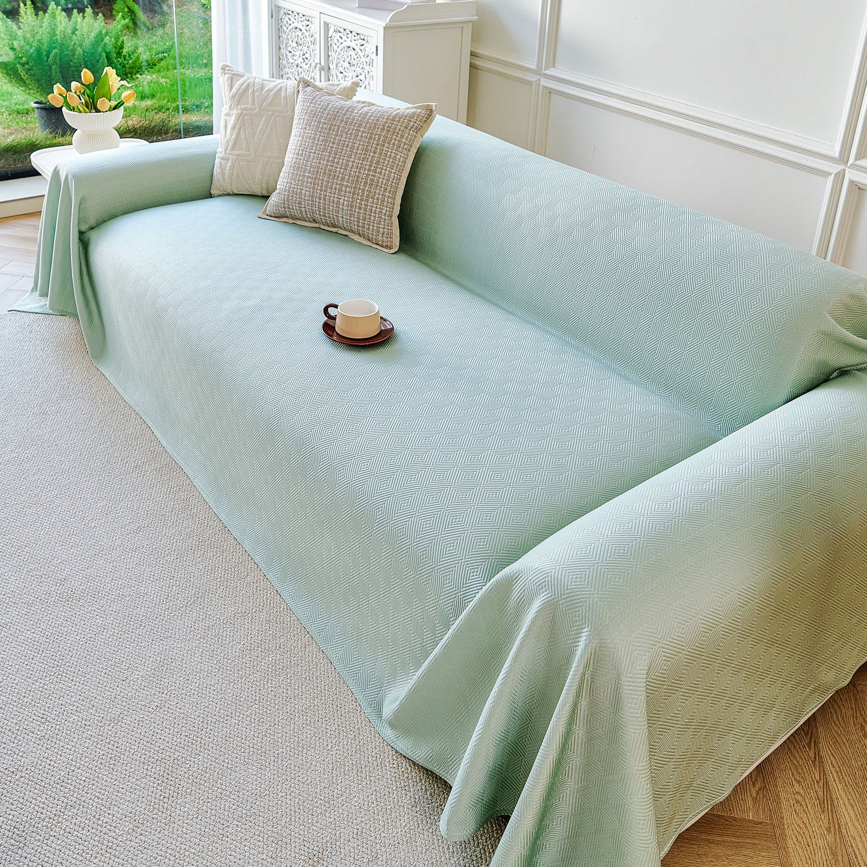 Cooling Ice Silk Soft Sofa Cover Blanket, Woven Geometric Textured Modern Couch Cover - Ornate Home