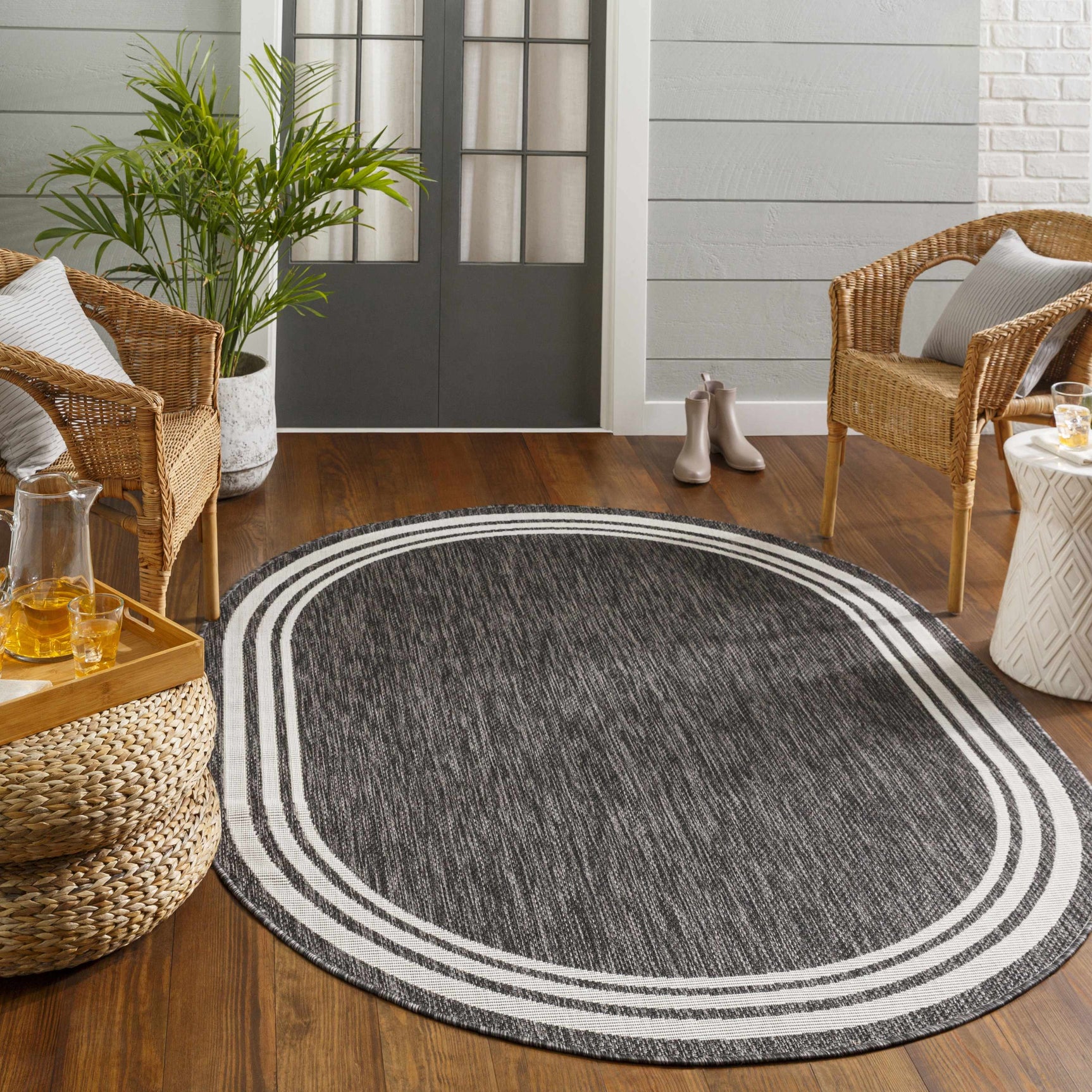 Coonamble Bordered Anthracite Outdoor Rug - Ornate Home