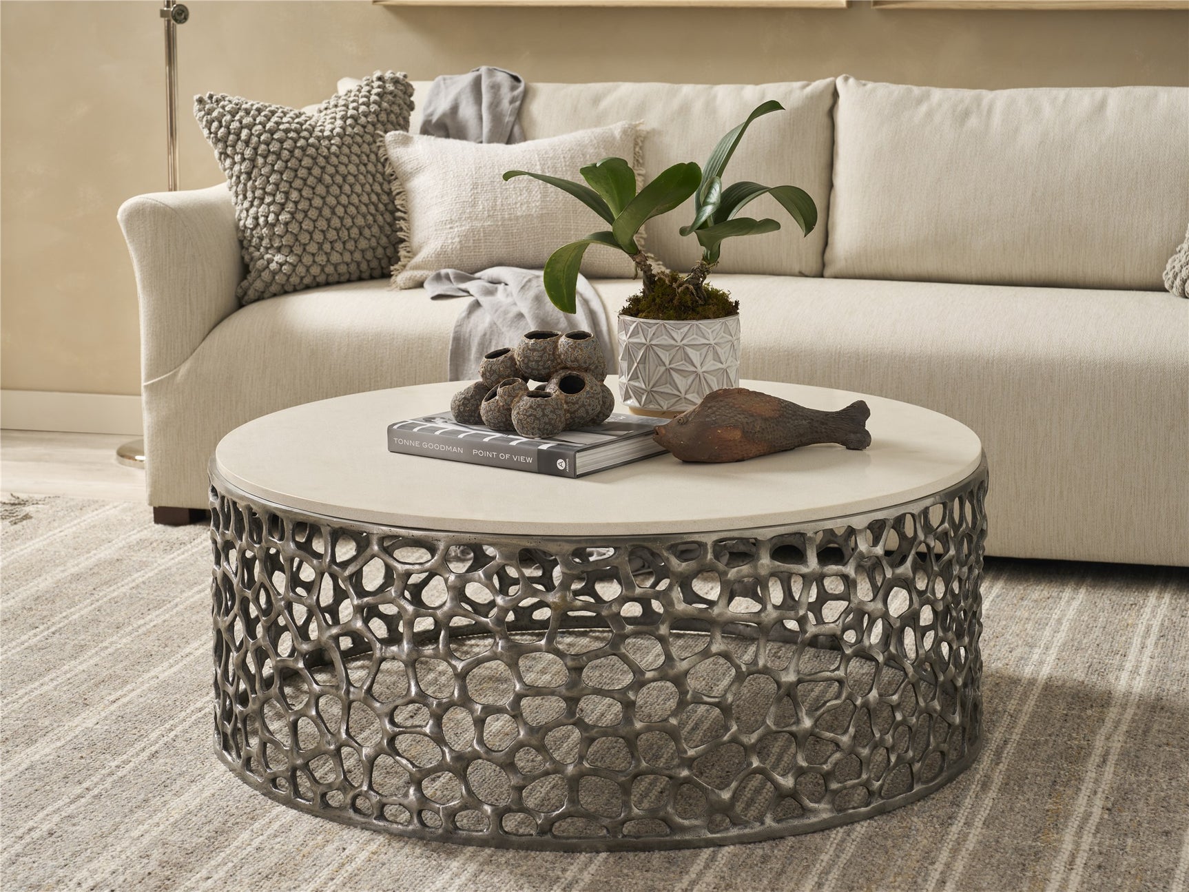 Coral Antique Nickel/Quartz Stone Cocktail Table - Ornate Home