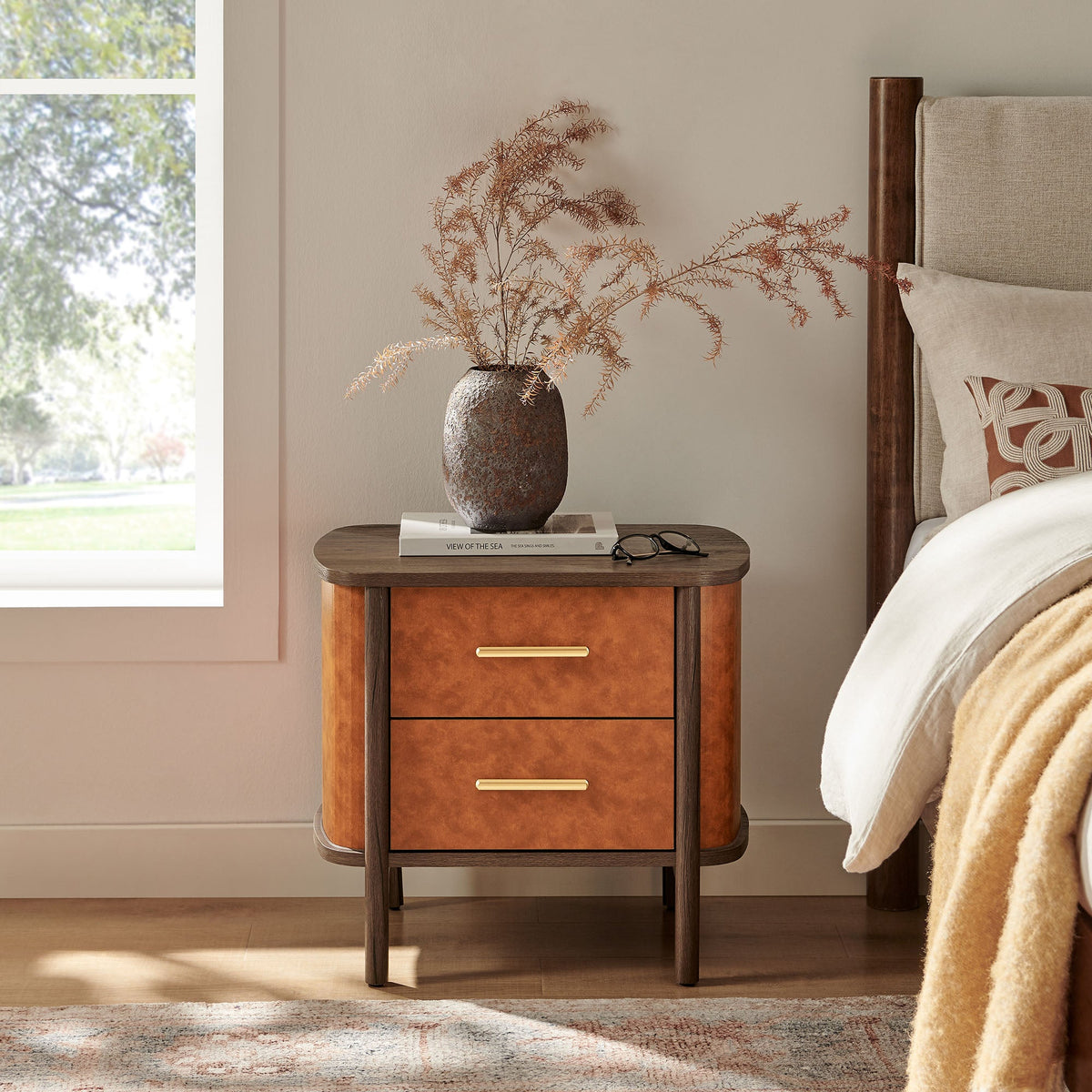 Coralie Walnut/Tan 2-Drawer Curved Vegan Leather Nightstand - Ornate Home