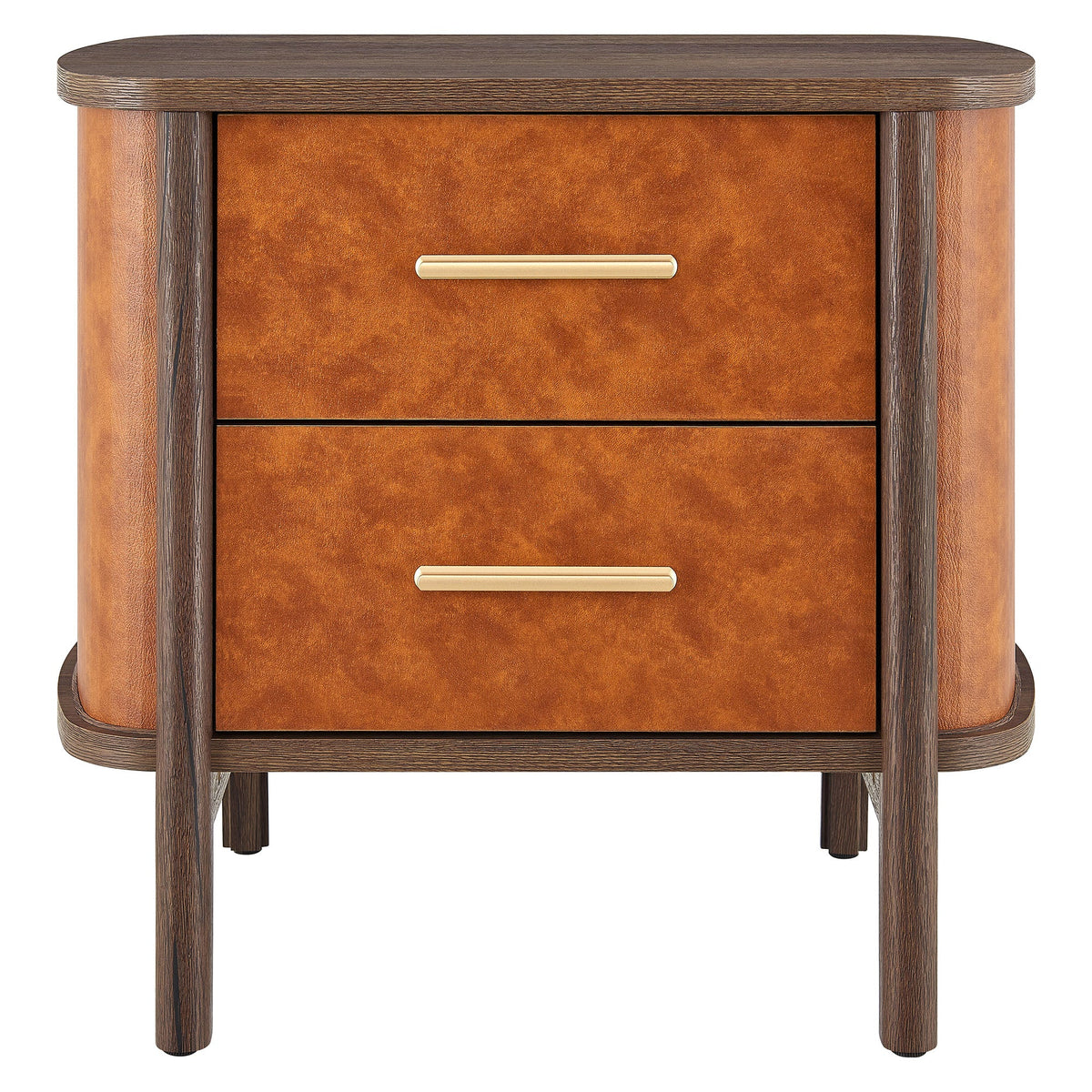 Coralie Walnut/Tan 2-Drawer Curved Vegan Leather Nightstand - Ornate Home