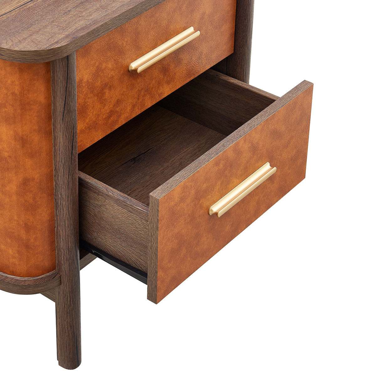 Coralie Walnut/Tan 2-Drawer Curved Vegan Leather Nightstand - Ornate Home