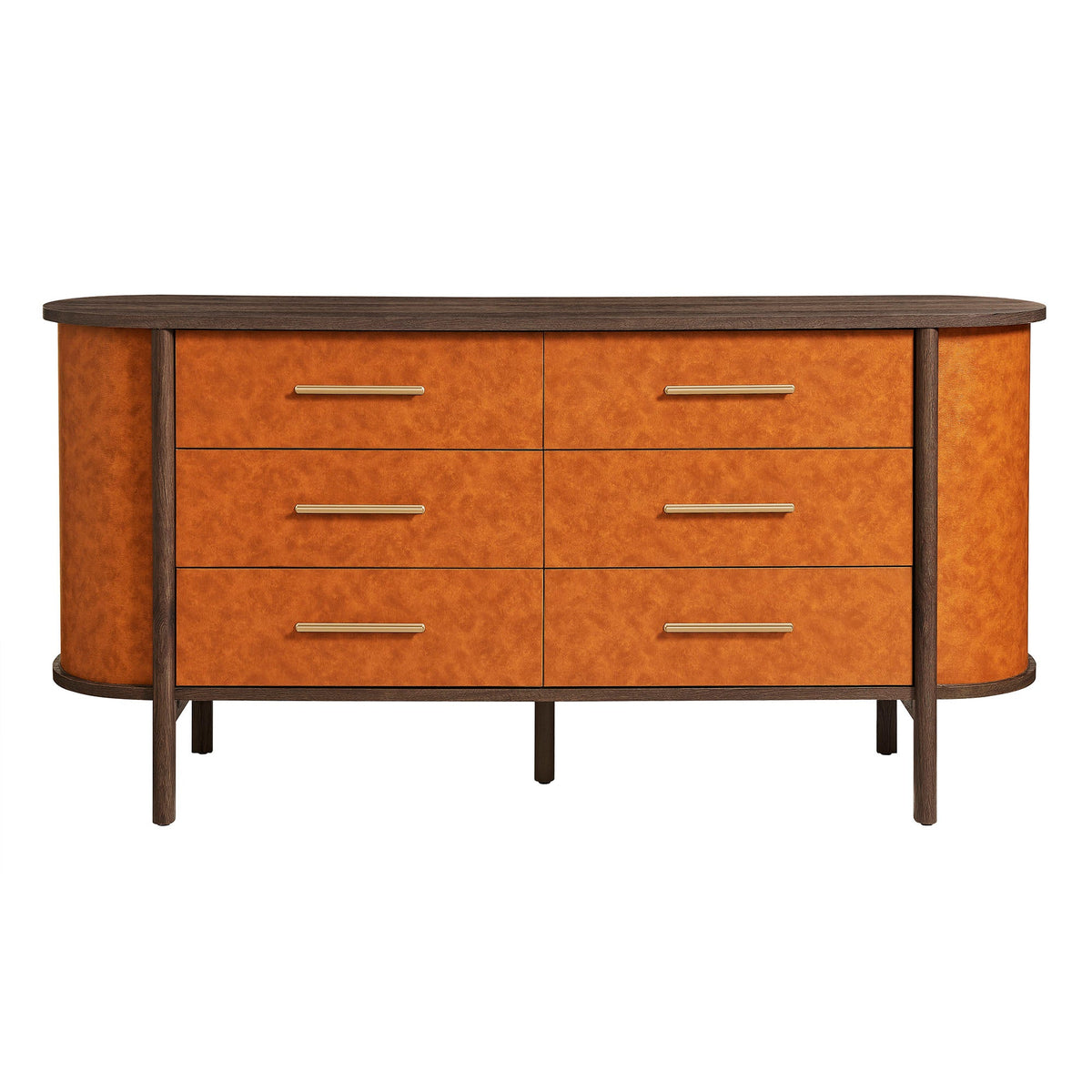 Coralie Walnut/Tan Curved 6-Drawer Vegan Leather Oval Dresser - Ornate Home