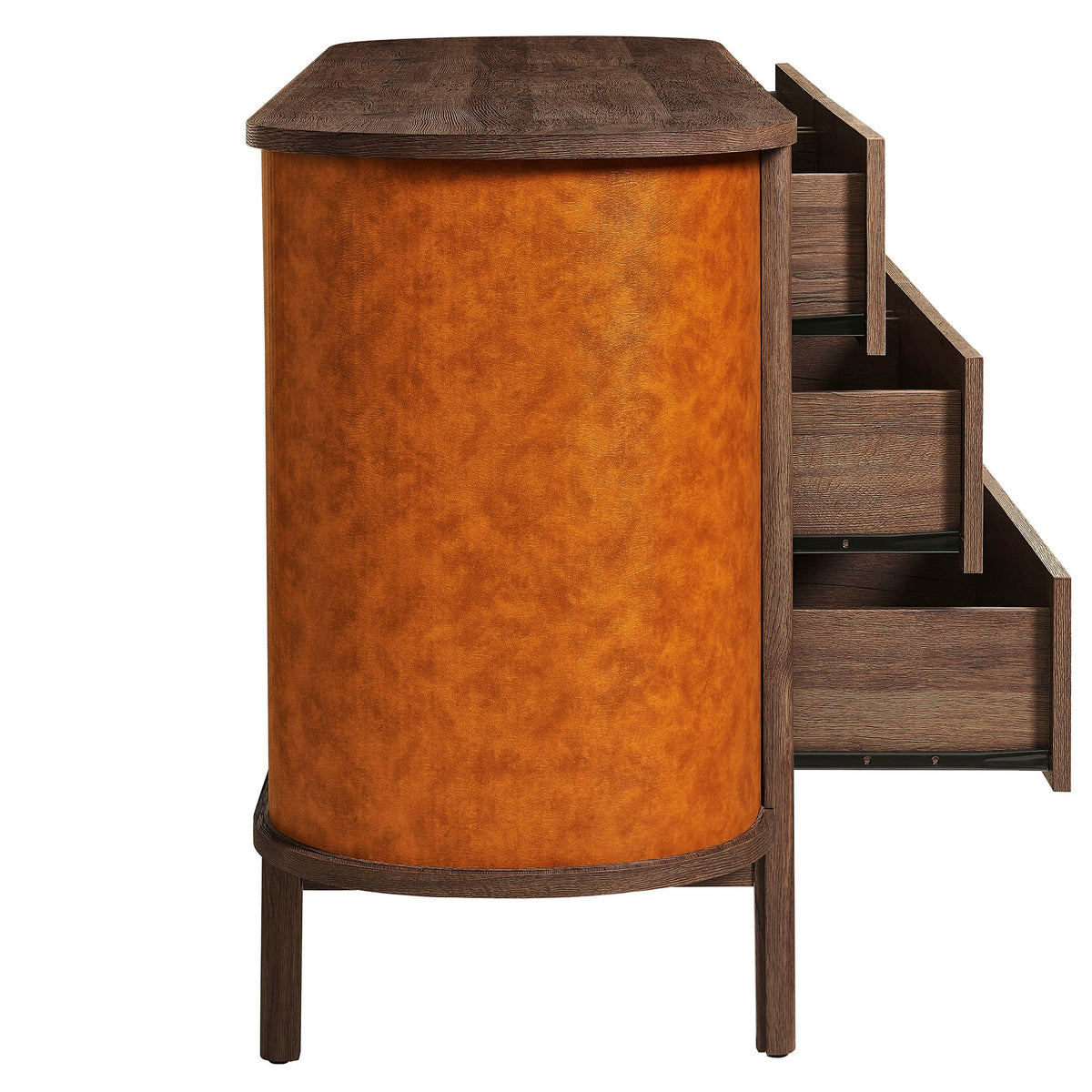 Coralie Walnut/Tan Curved 6-Drawer Vegan Leather Oval Dresser - Ornate Home