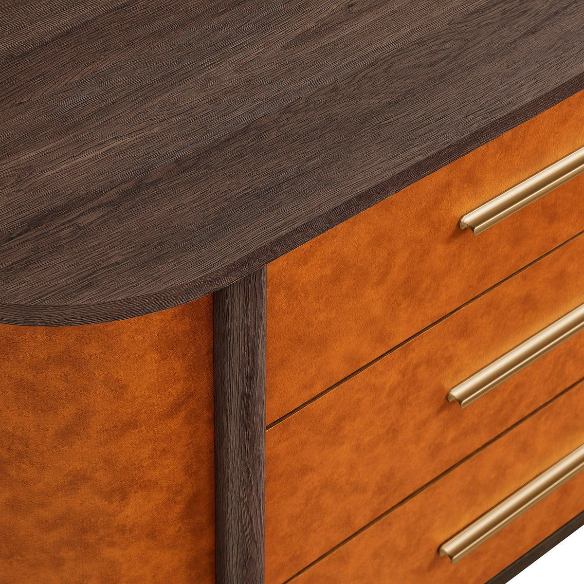 Coralie Walnut/Tan Curved 6-Drawer Vegan Leather Oval Dresser - Ornate Home