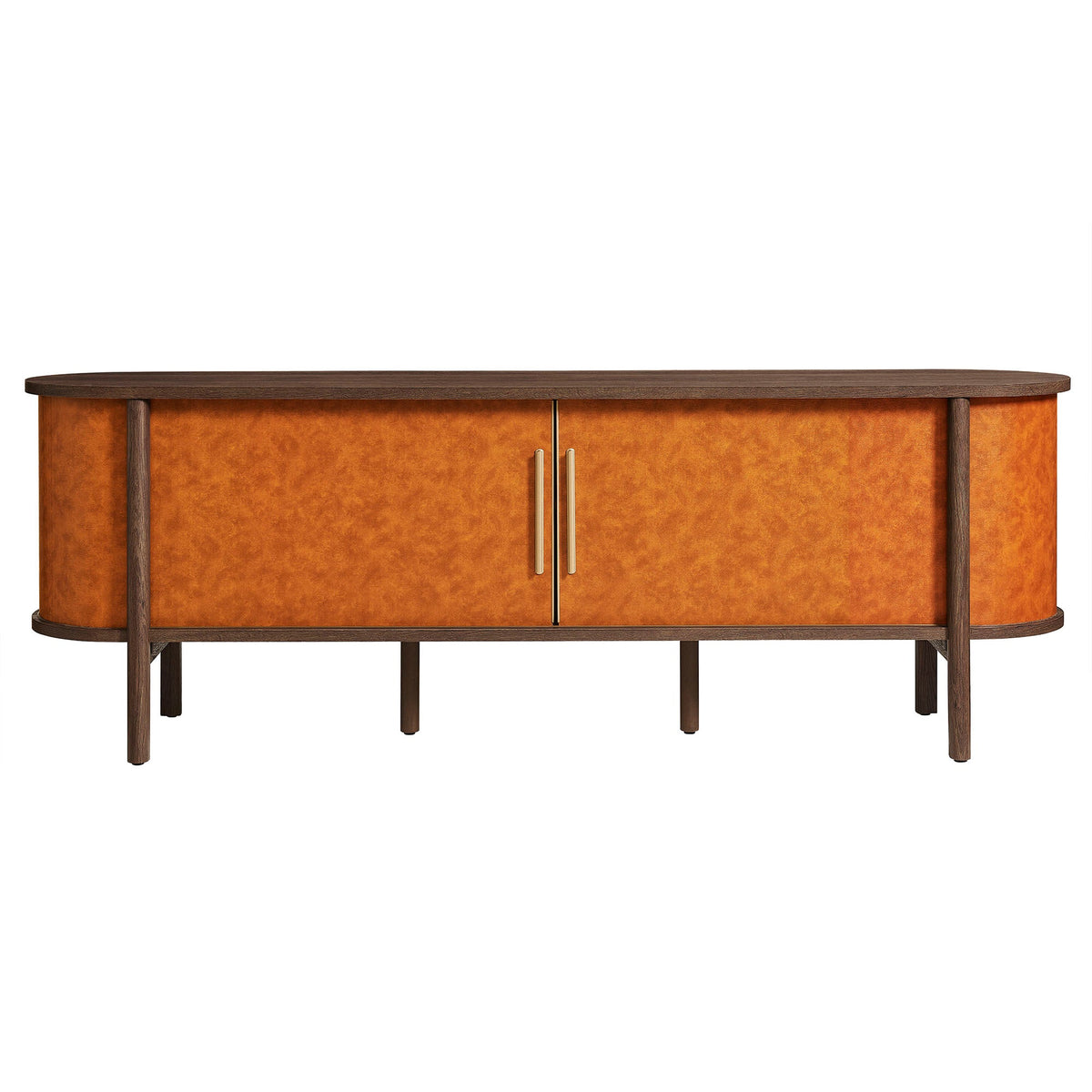 Coralie Walnut/Tan Curved 71" Vegan Leather Oval TV Stand - Ornate Home