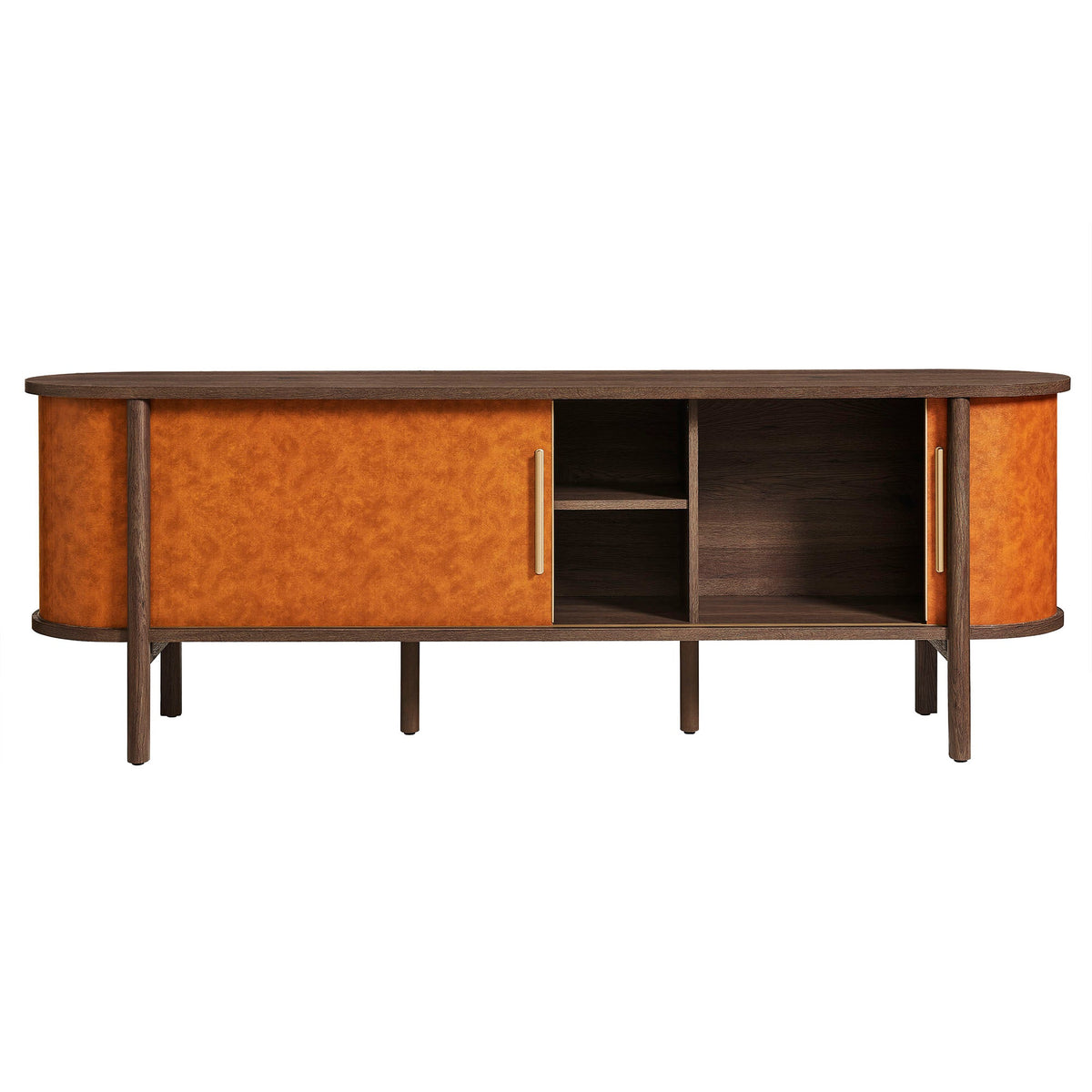 Coralie Walnut/Tan Curved 71" Vegan Leather Oval TV Stand - Ornate Home