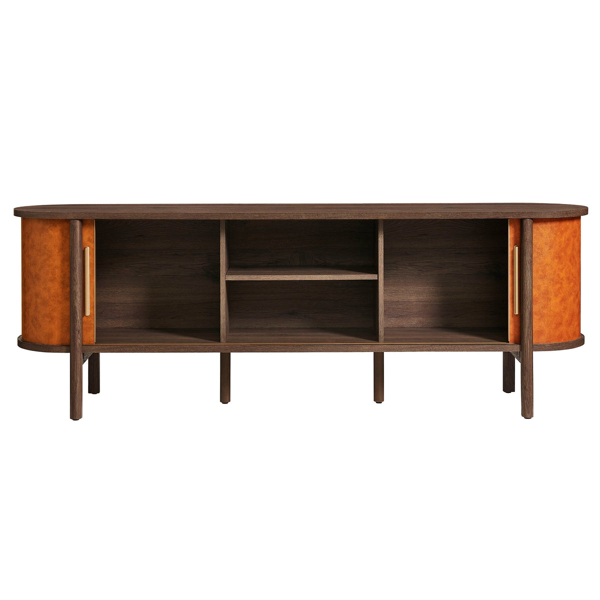 Coralie Walnut/Tan Curved 71" Vegan Leather Oval TV Stand - Ornate Home