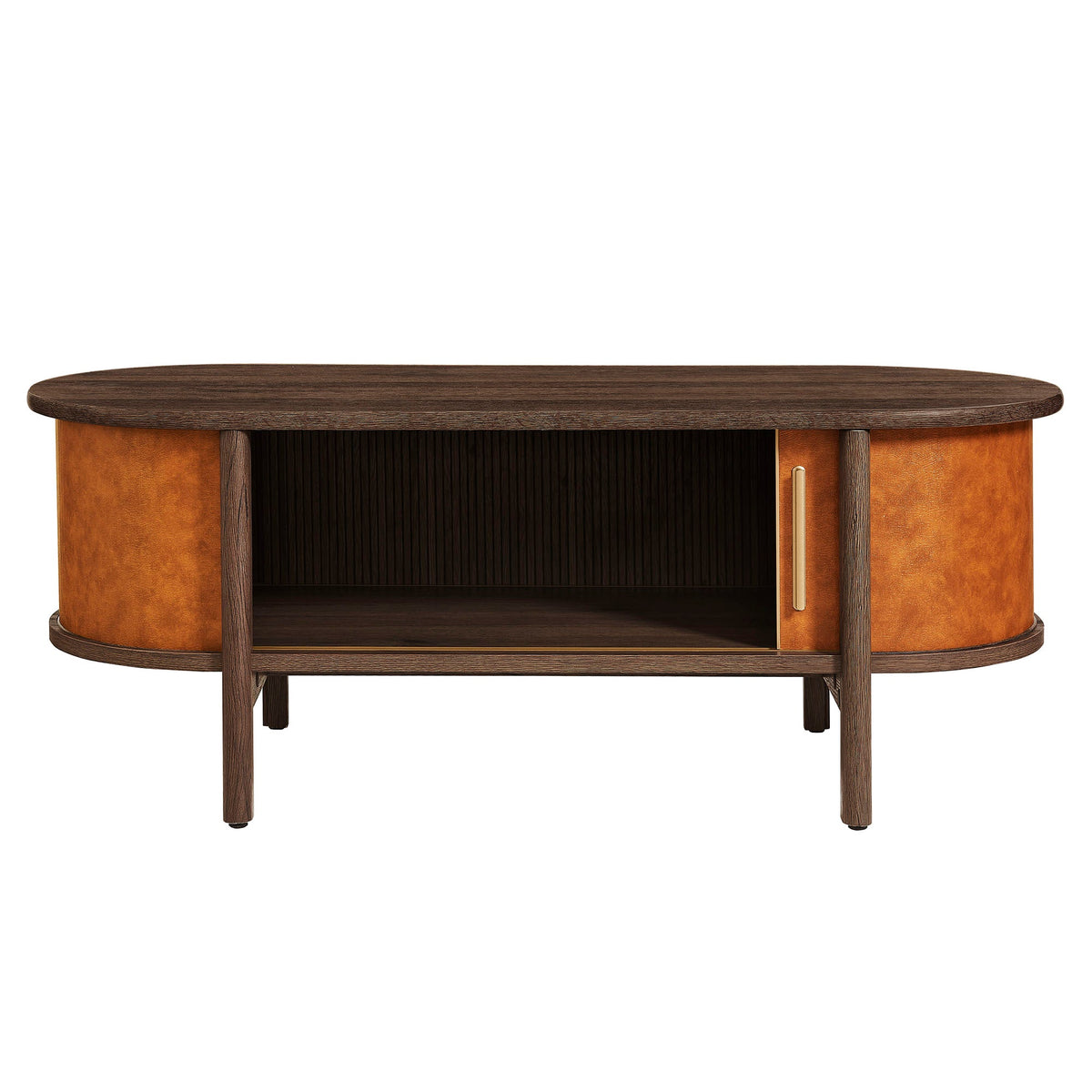 Coralie Walnut/Tan Curved Vegan Leather Oval Coffee Table - Ornate Home