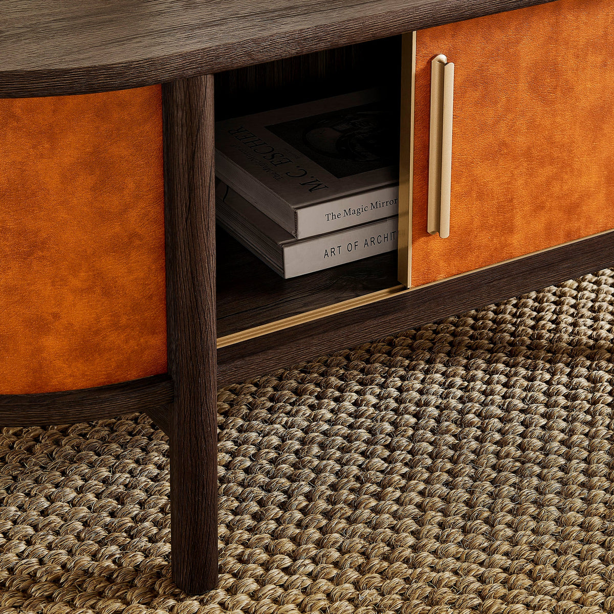 Coralie Walnut/Tan Curved Vegan Leather Oval Coffee Table - Ornate Home