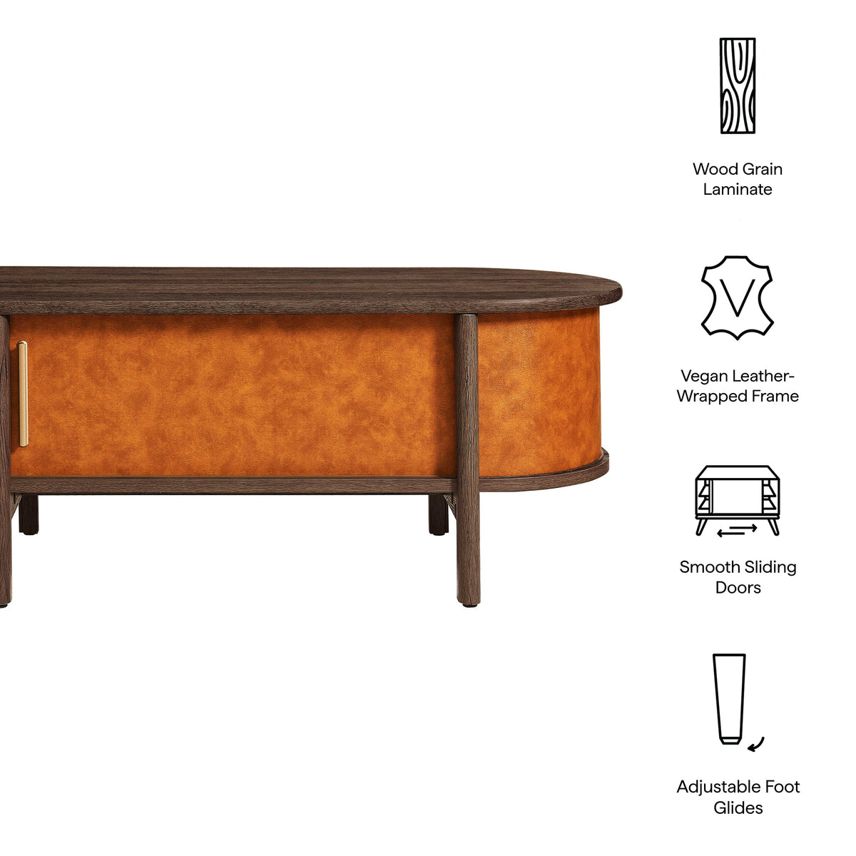 Coralie Walnut/Tan Curved Vegan Leather Oval Coffee Table - Ornate Home