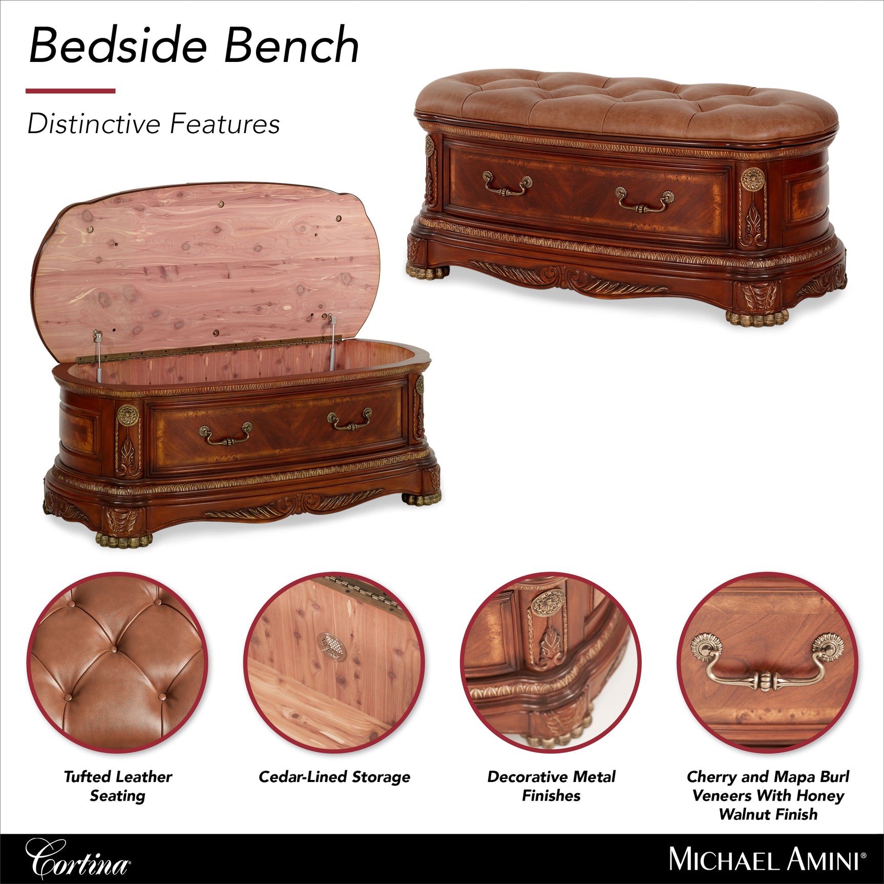 Cortina Honey Walnut Leather Bedside Bench - Ornate Home