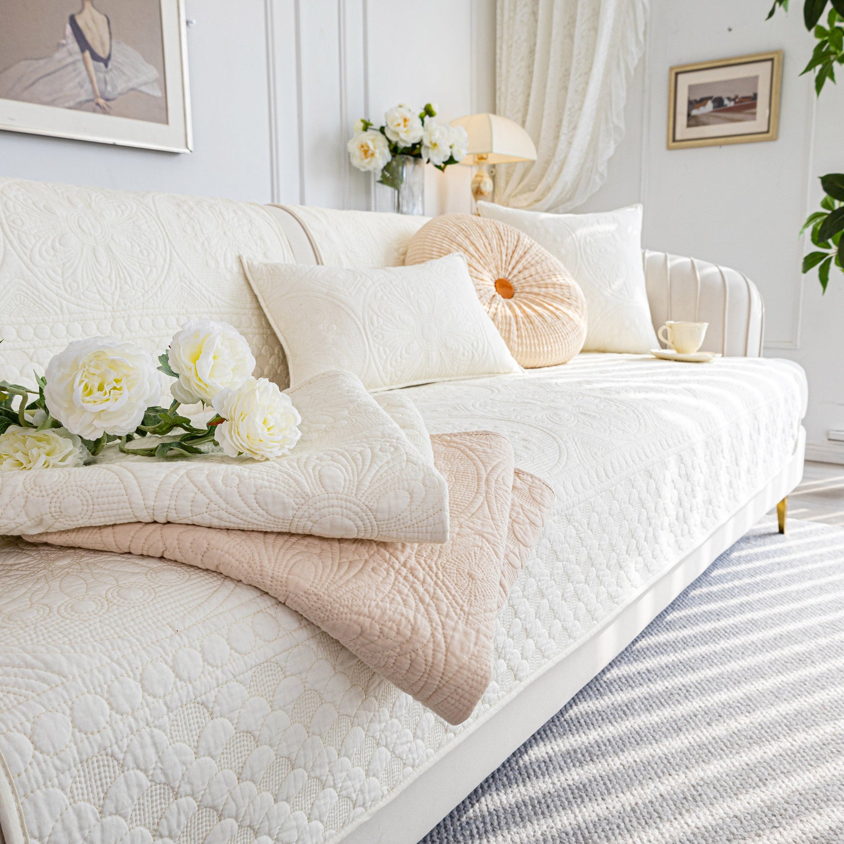 Cotton Quilted Sofa Cover, Non-Slip Couch Protector Fits Backrest, Seat & Armrest - Ornate Home
