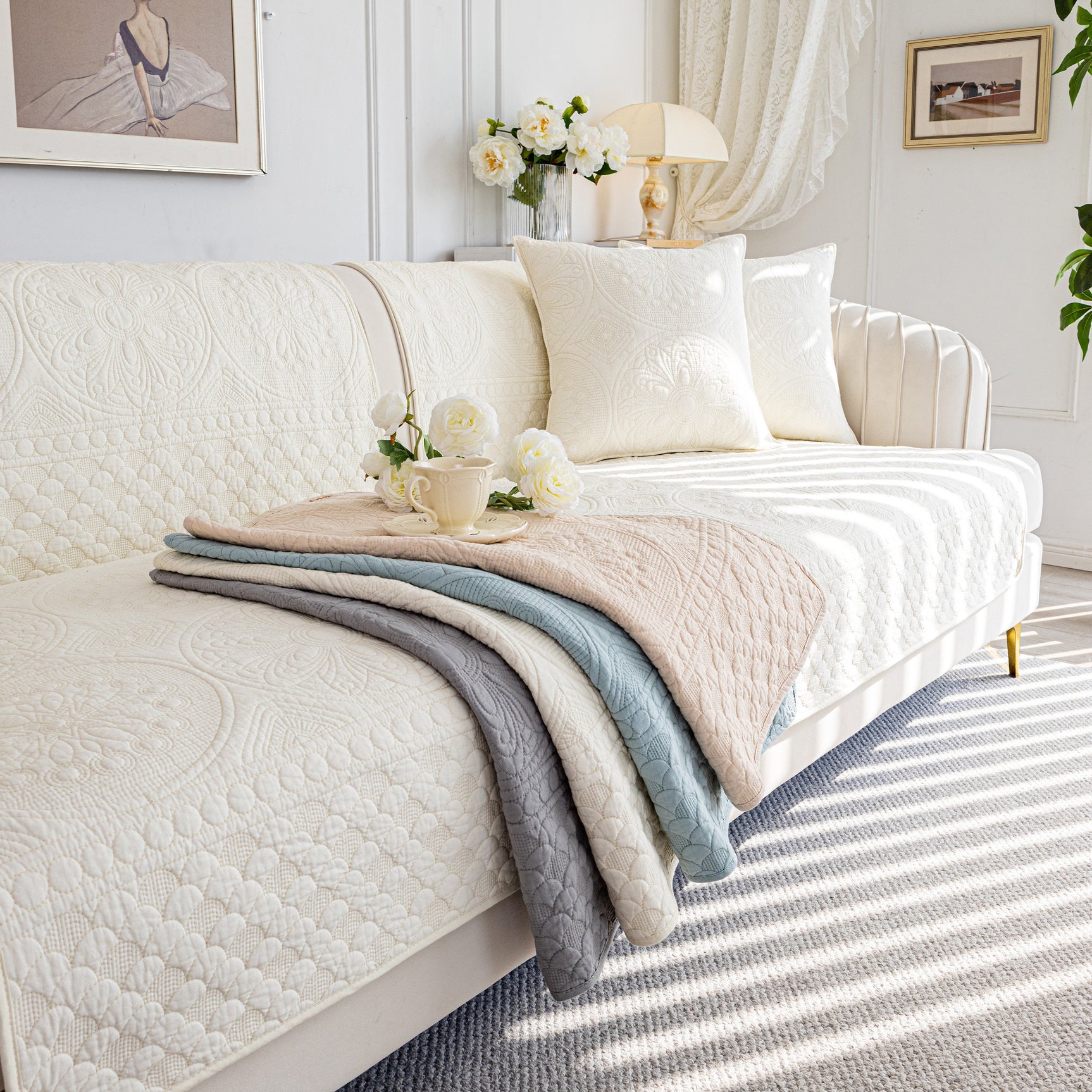 Cotton Quilted Sofa Cover, Non-Slip Couch Protector Fits Backrest, Seat & Armrest - Ornate Home
