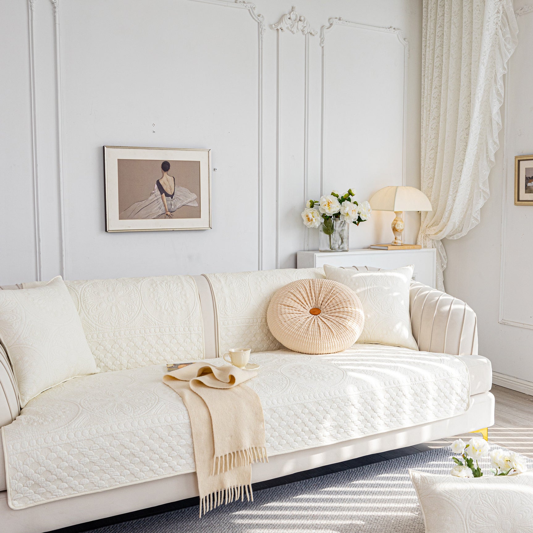 Cotton Quilted Sofa Cover, Non-Slip Couch Protector Fits Backrest, Seat & Armrest - Ornate Home