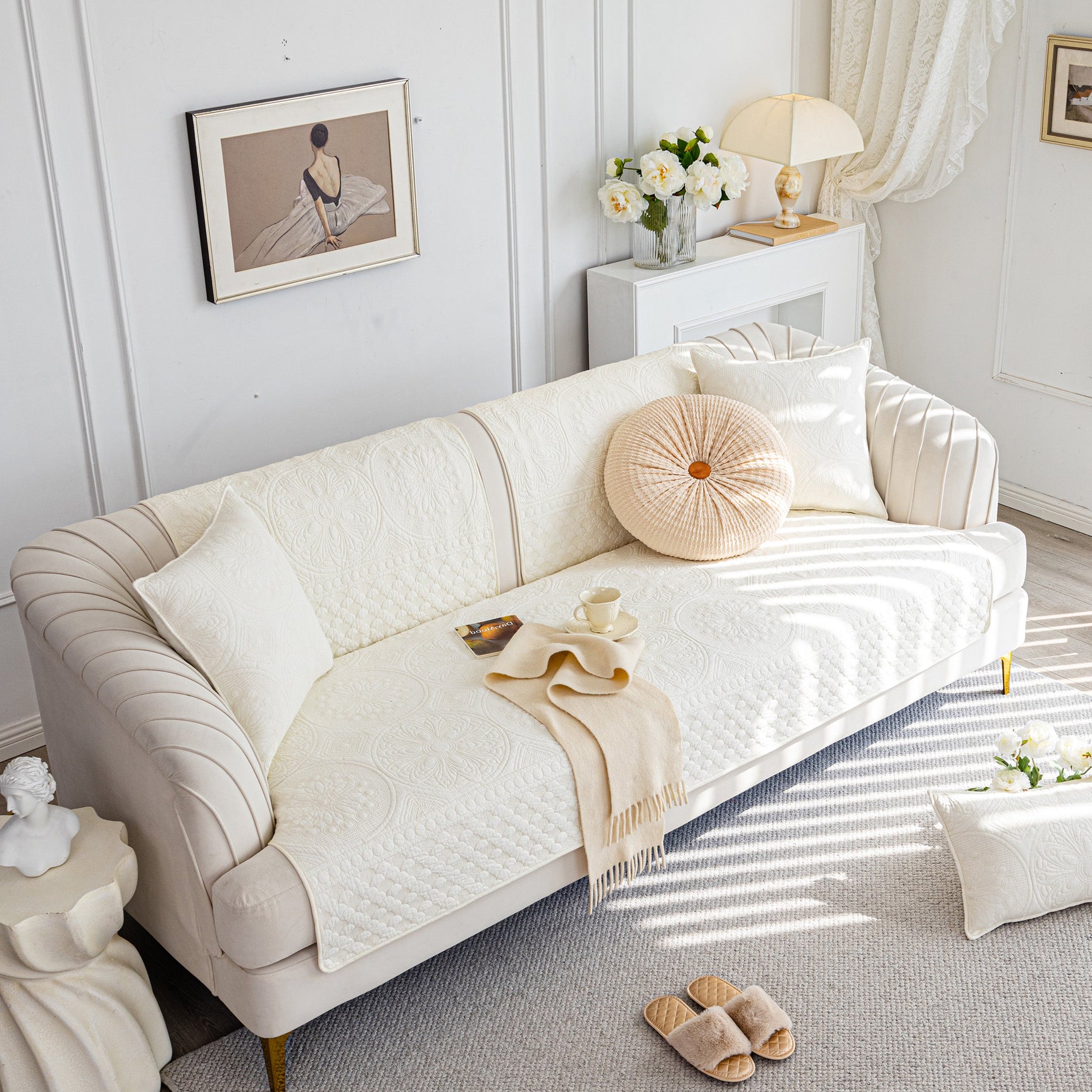 Cotton Quilted Sofa Cover, Non-Slip Couch Protector Fits Backrest, Seat & Armrest - Ornate Home
