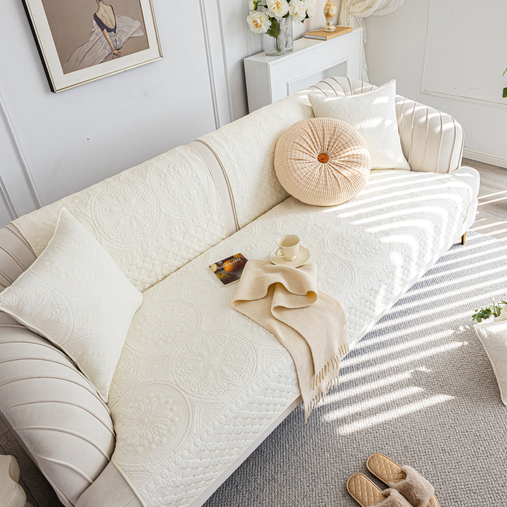 Cotton Quilted Sofa Cover, Non-Slip Couch Protector Fits Backrest, Seat & Armrest - Ornate Home