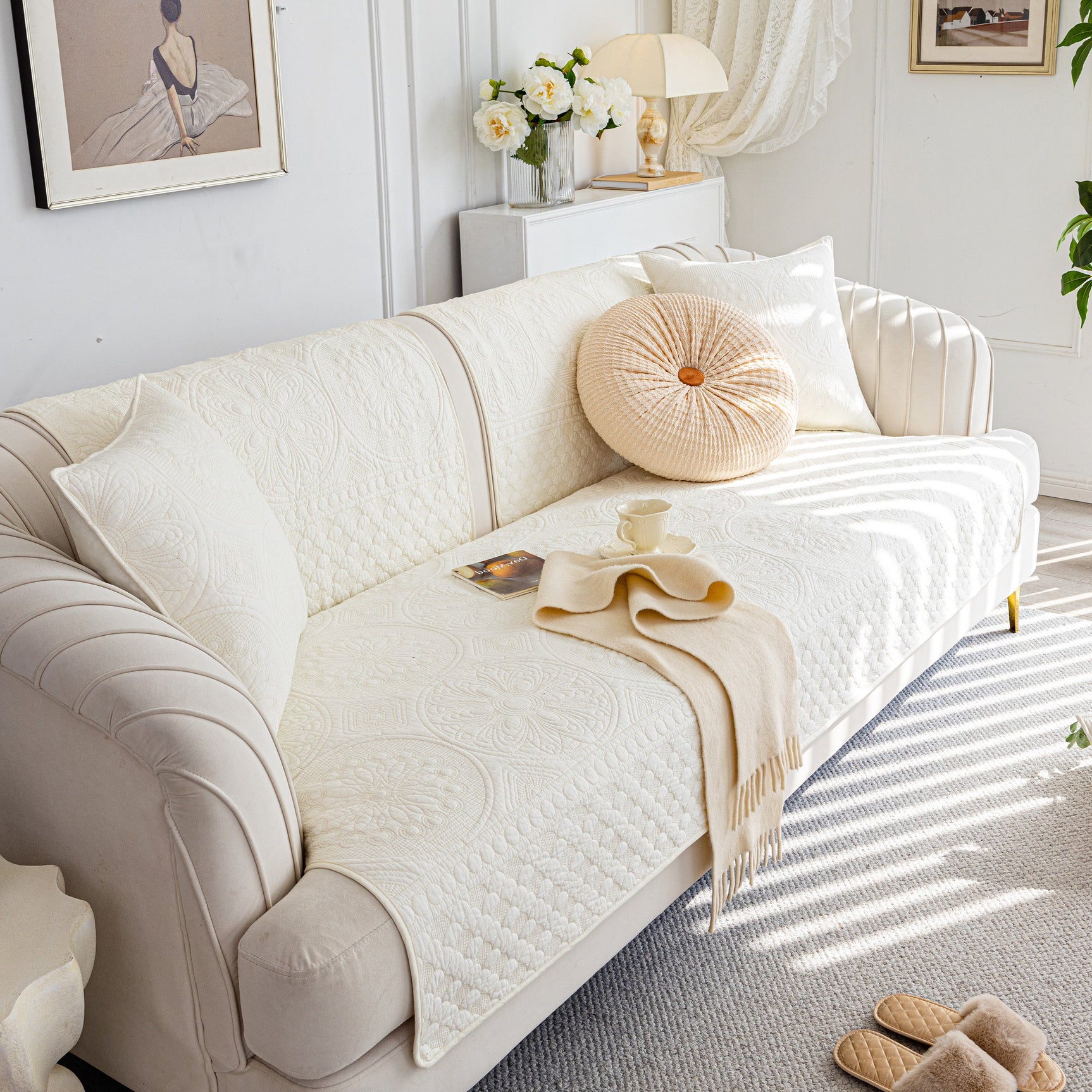 Cotton Quilted Sofa Cover, Non-Slip Couch Protector Fits Backrest, Seat & Armrest - Ornate Home