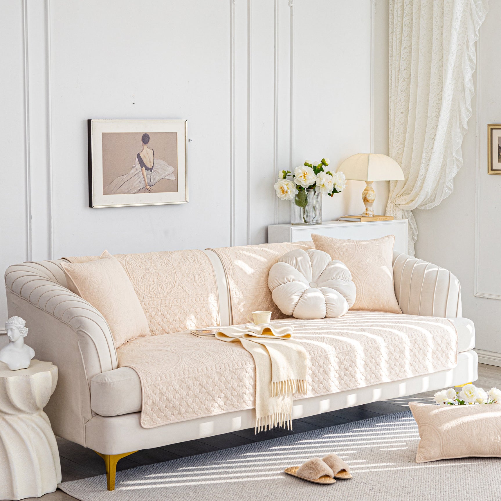 Cotton Quilted Sofa Cover, Non-Slip Couch Protector Fits Backrest, Seat & Armrest - Ornate Home