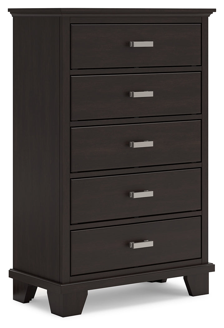 Covetown Dark Brown Queen Panel Bed, Dresser, Mirror, Chest and Nightstand - Ornate Home