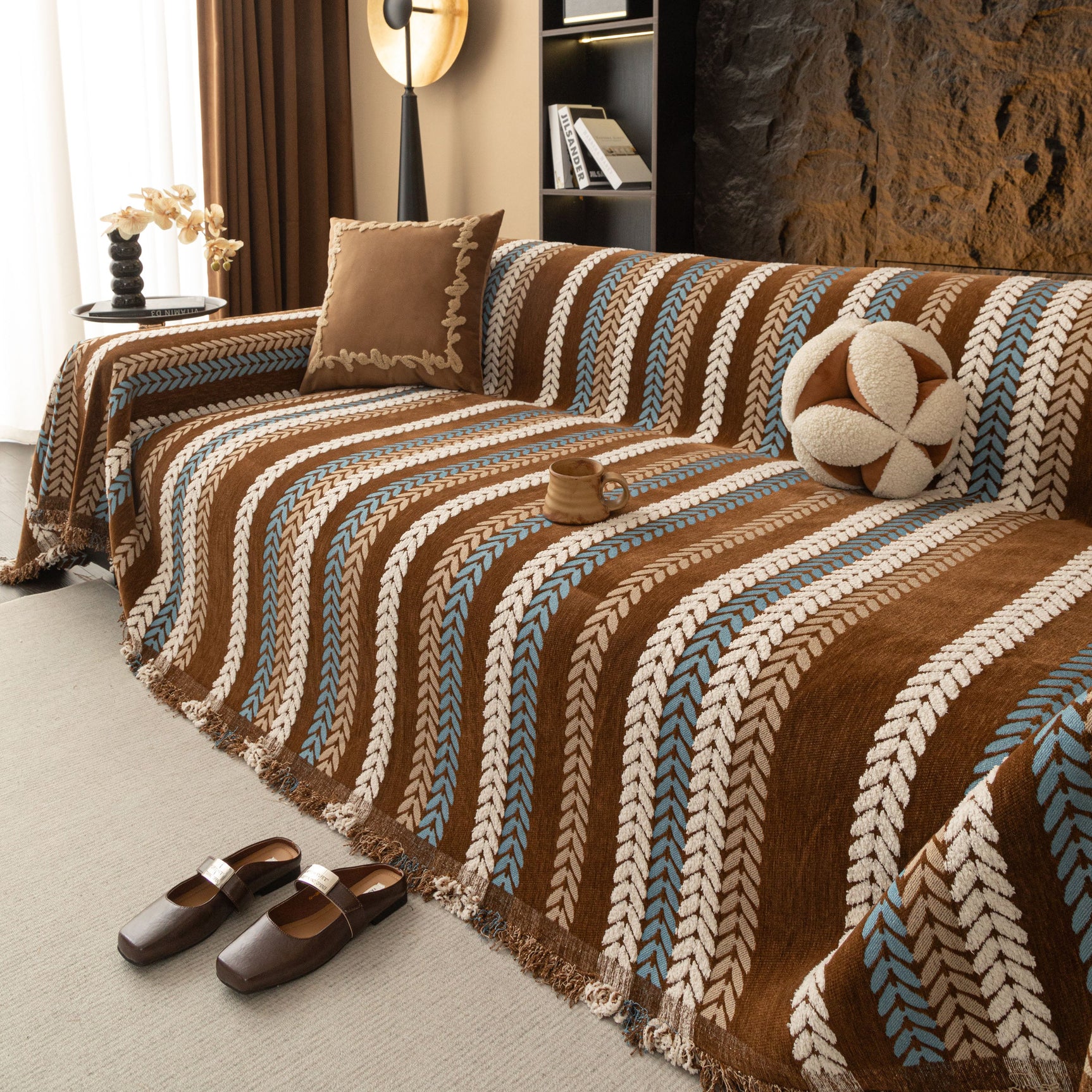 Cozy Decorative Throw Blanket for Couches, Boho Plush Woven Sofa Cover with Stripes - Ornate Home