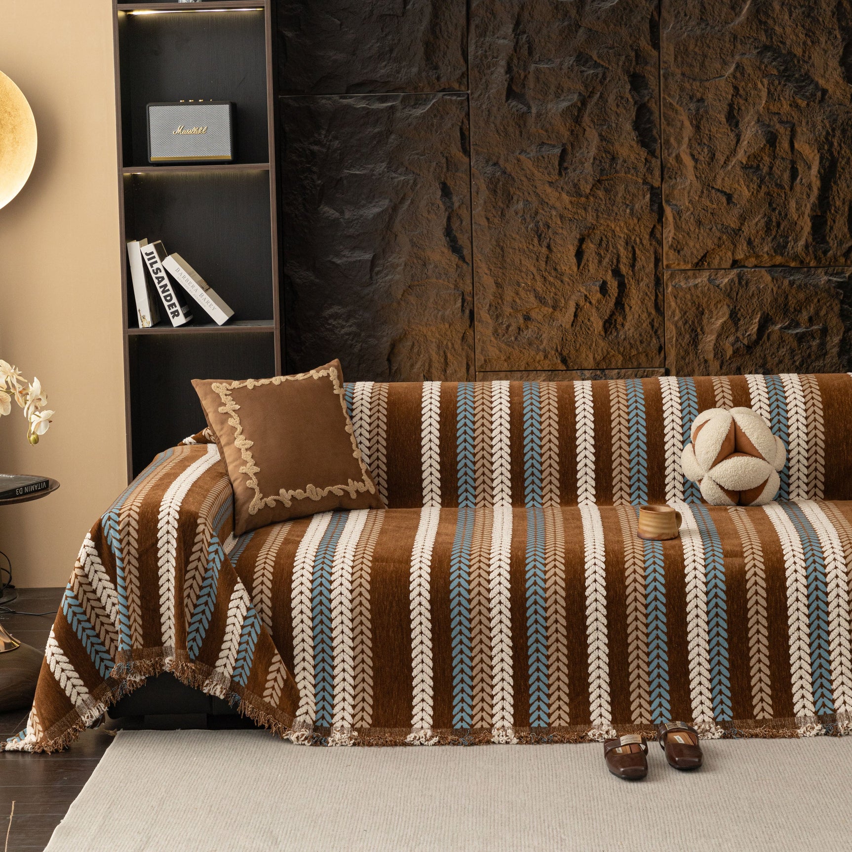 Cozy Decorative Throw Blanket for Couches, Boho Plush Woven Sofa Cover with Stripes - Ornate Home