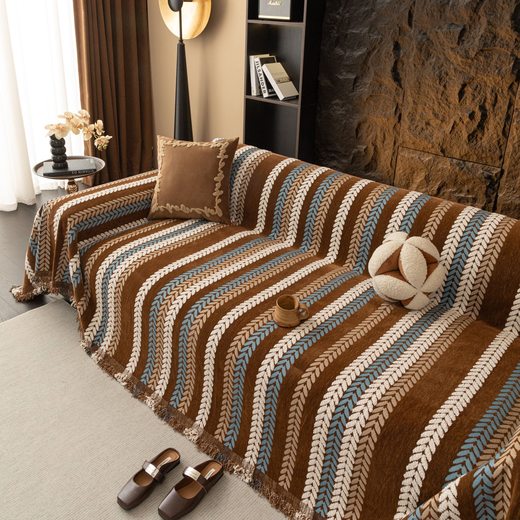 Cozy Decorative Throw Blanket for Couches, Boho Plush Woven Sofa Cover with Stripes - Ornate Home