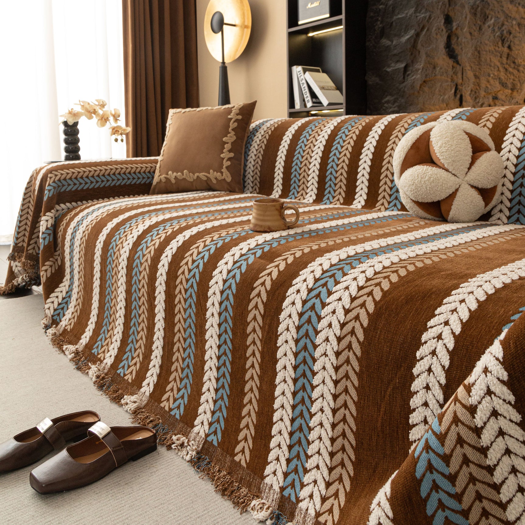 Cozy Decorative Throw Blanket for Couches, Boho Plush Woven Sofa Cover with Stripes - Ornate Home