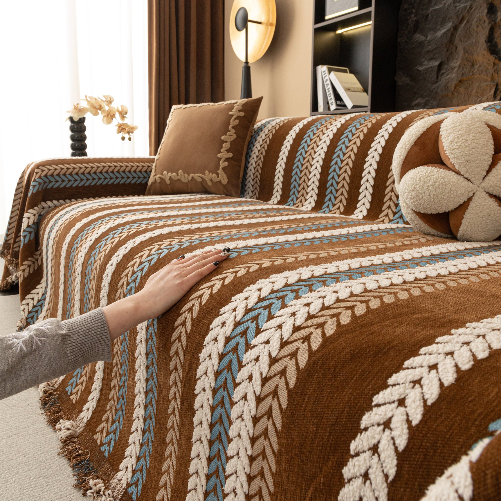 Cozy Decorative Throw Blanket for Couches, Boho Plush Woven Sofa Cover with Stripes - Ornate Home