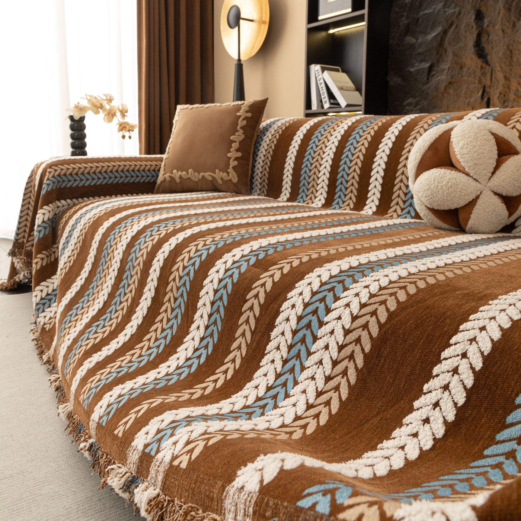 Cozy Decorative Throw Blanket for Couches, Boho Plush Woven Sofa Cover with Stripes - Ornate Home