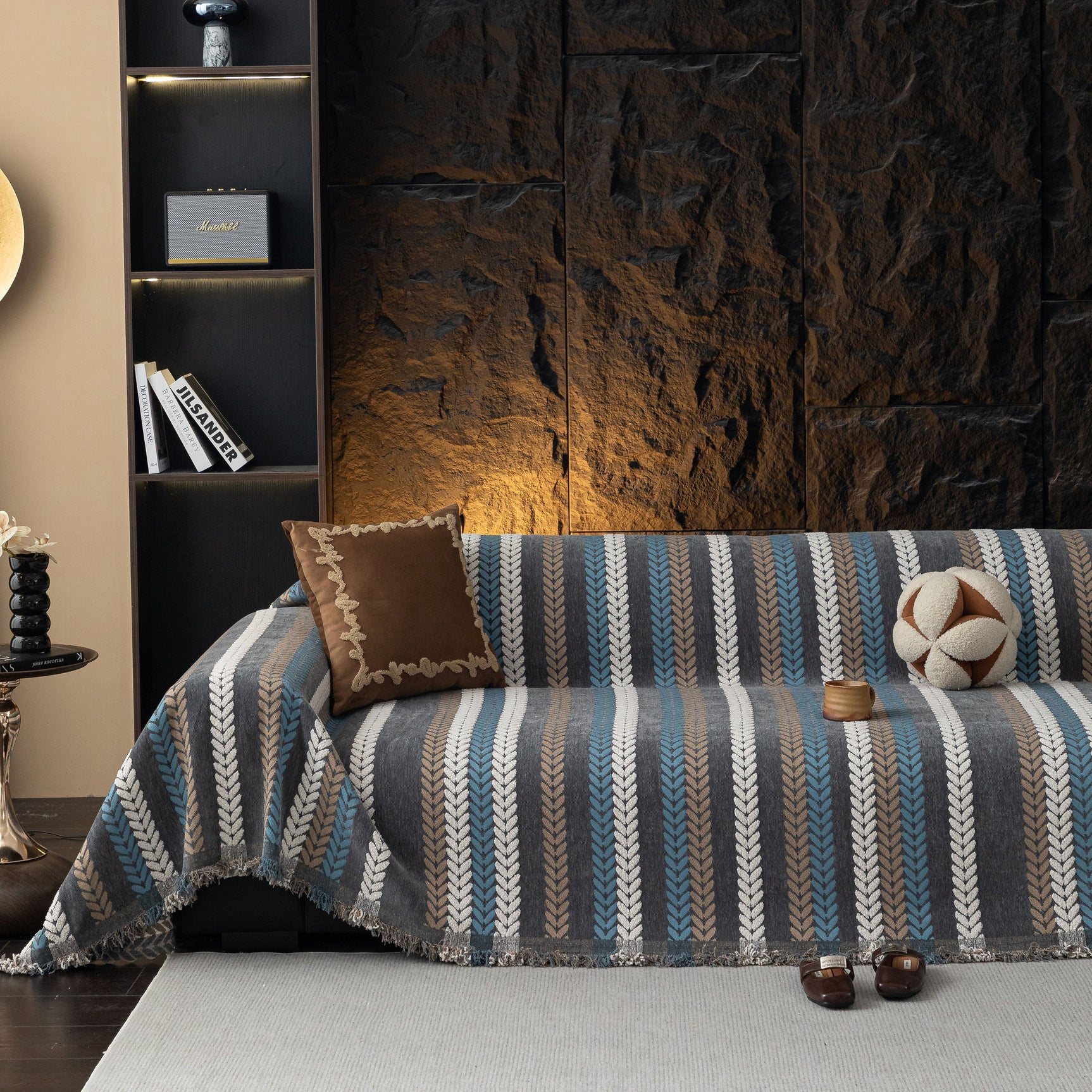 Cozy Decorative Throw Blanket for Couches, Boho Plush Woven Sofa Cover with Stripes - Ornate Home