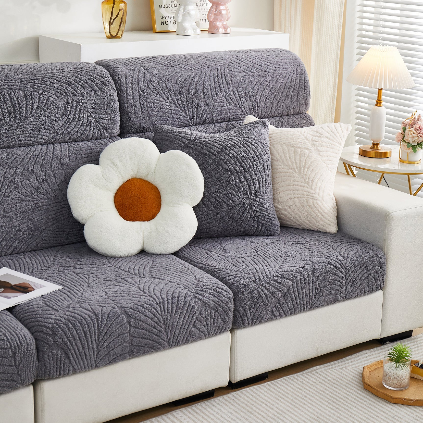 Cozy Plush Coral Fleece Sofa Cushion Slipcovers, Stretch Leaves Cushion Covers, Furniture Slipcovers - Ornate Home