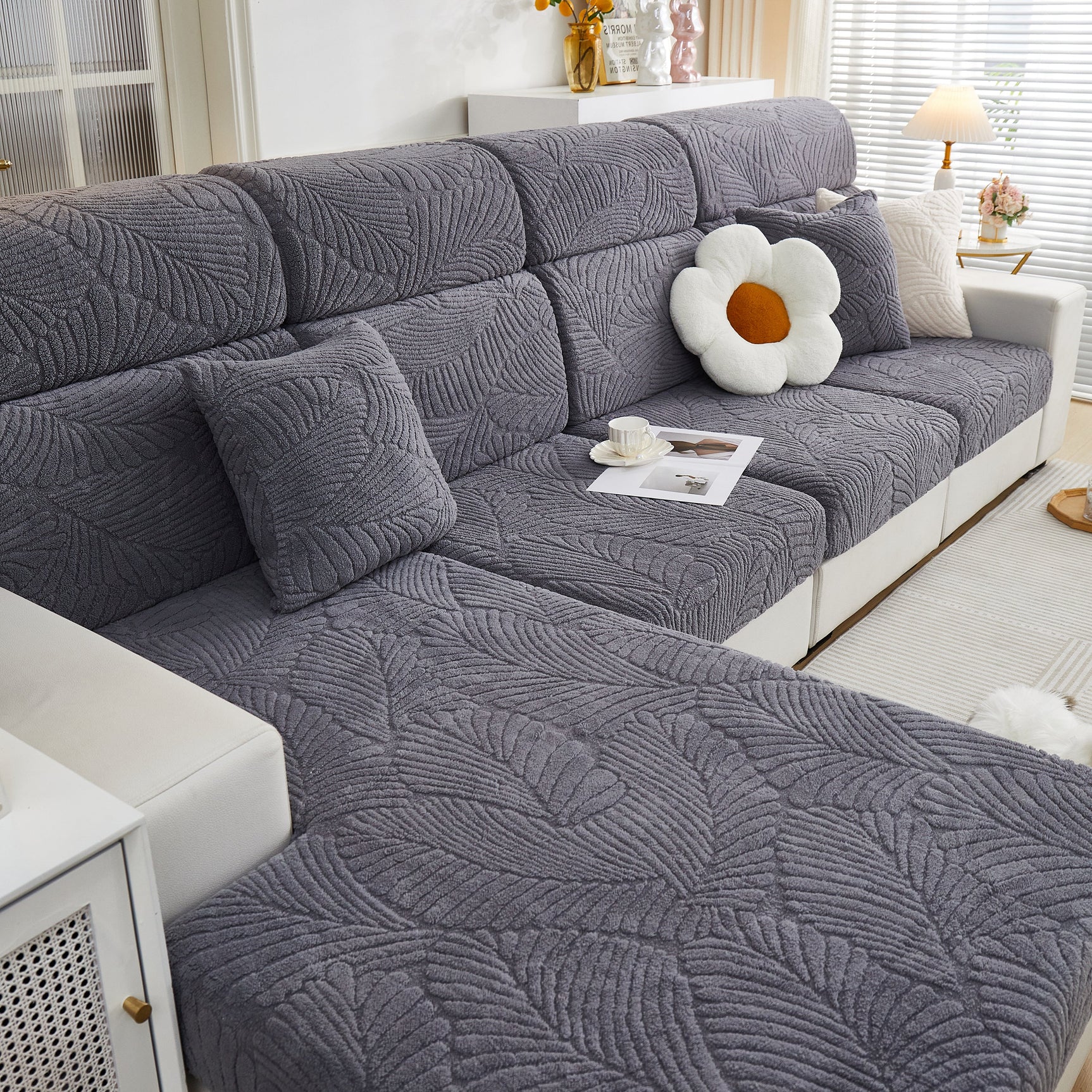 Cozy Plush Coral Fleece Sofa Cushion Slipcovers, Stretch Leaves Cushion Covers, Furniture Slipcovers - Ornate Home