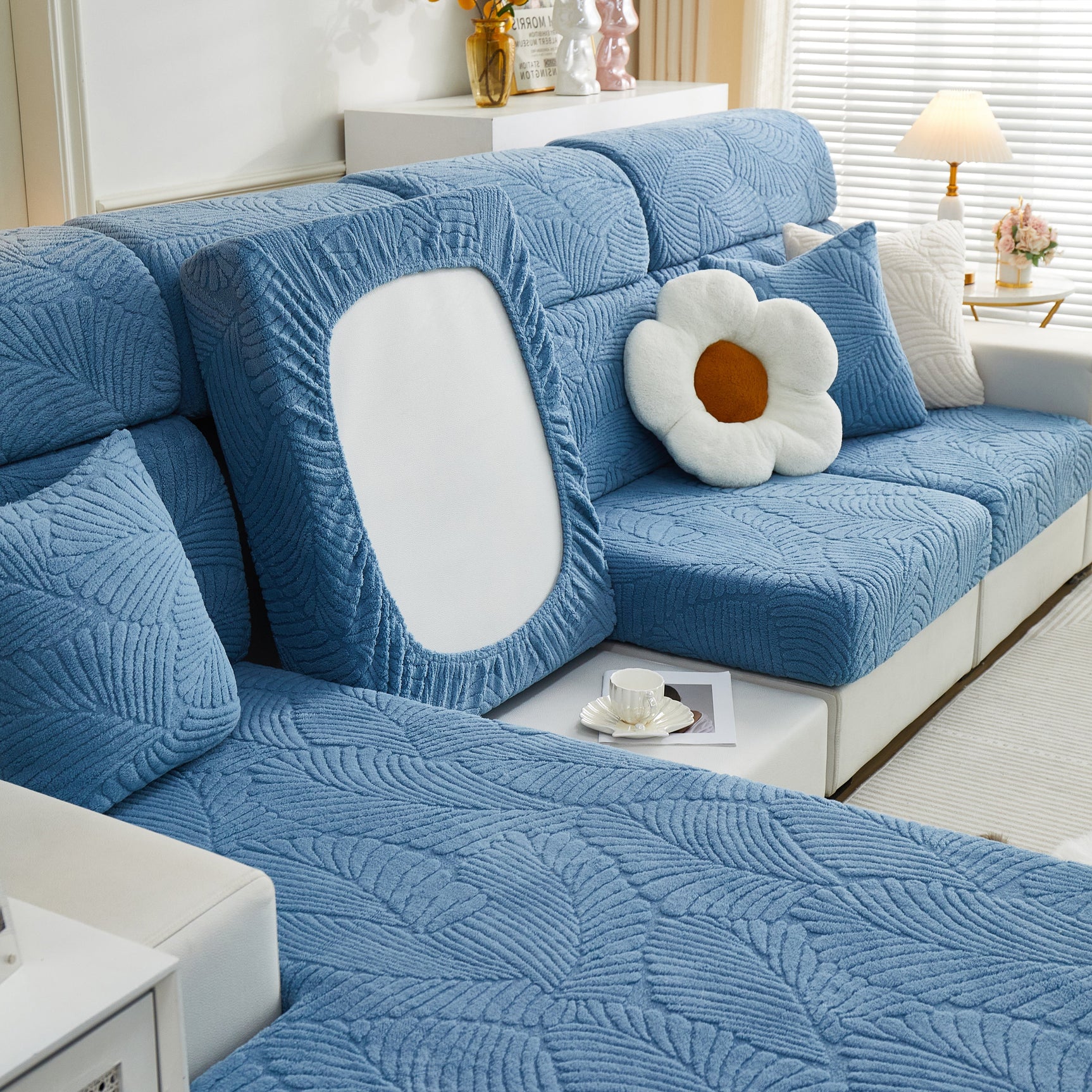 Cozy Plush Coral Fleece Sofa Cushion Slipcovers, Stretch Leaves Cushion Covers, Furniture Slipcovers - Ornate Home