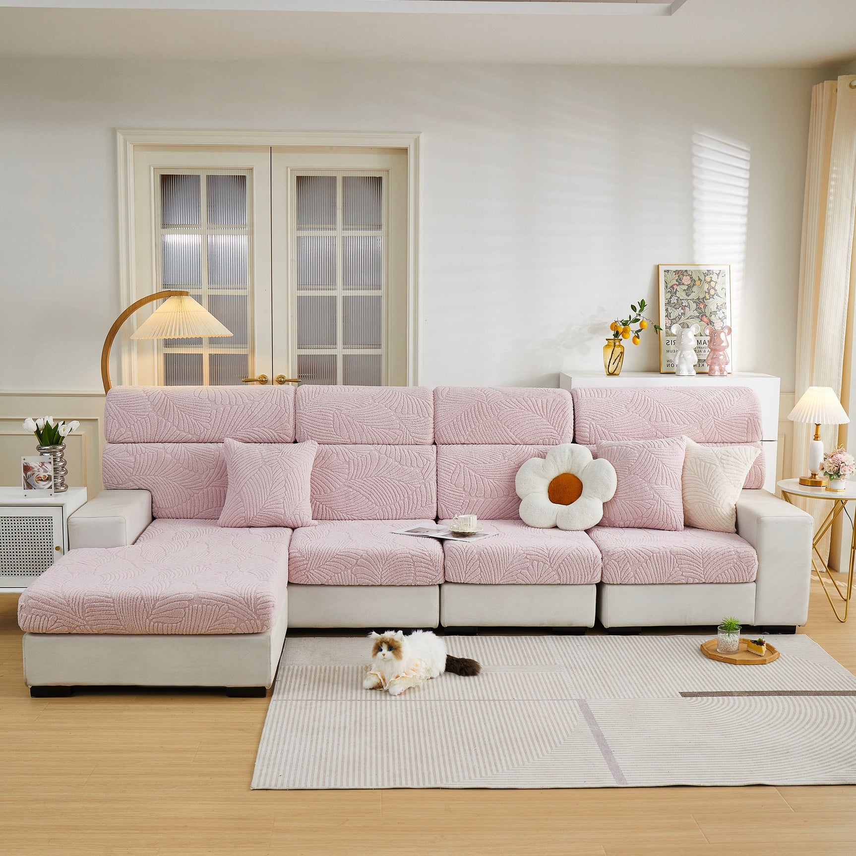 Cozy Plush Coral Fleece Sofa Cushion Slipcovers, Stretch Leaves Cushion Covers, Furniture Slipcovers - Ornate Home