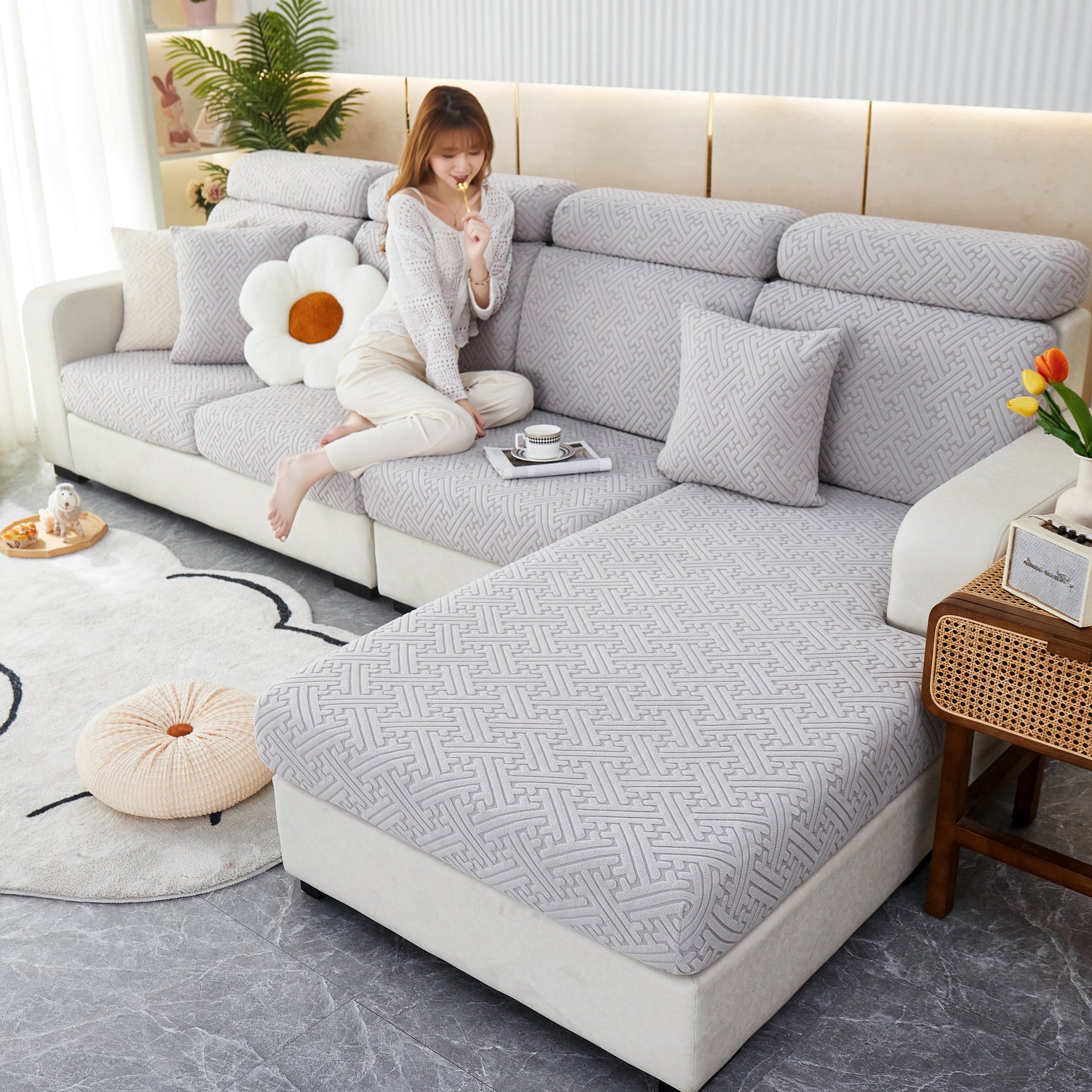 Cozy Polar Fleece Cushion Covers, Pet Friendly Stretch Sofa Covers for L-Shaped Couch and Recliner - Ornate Home