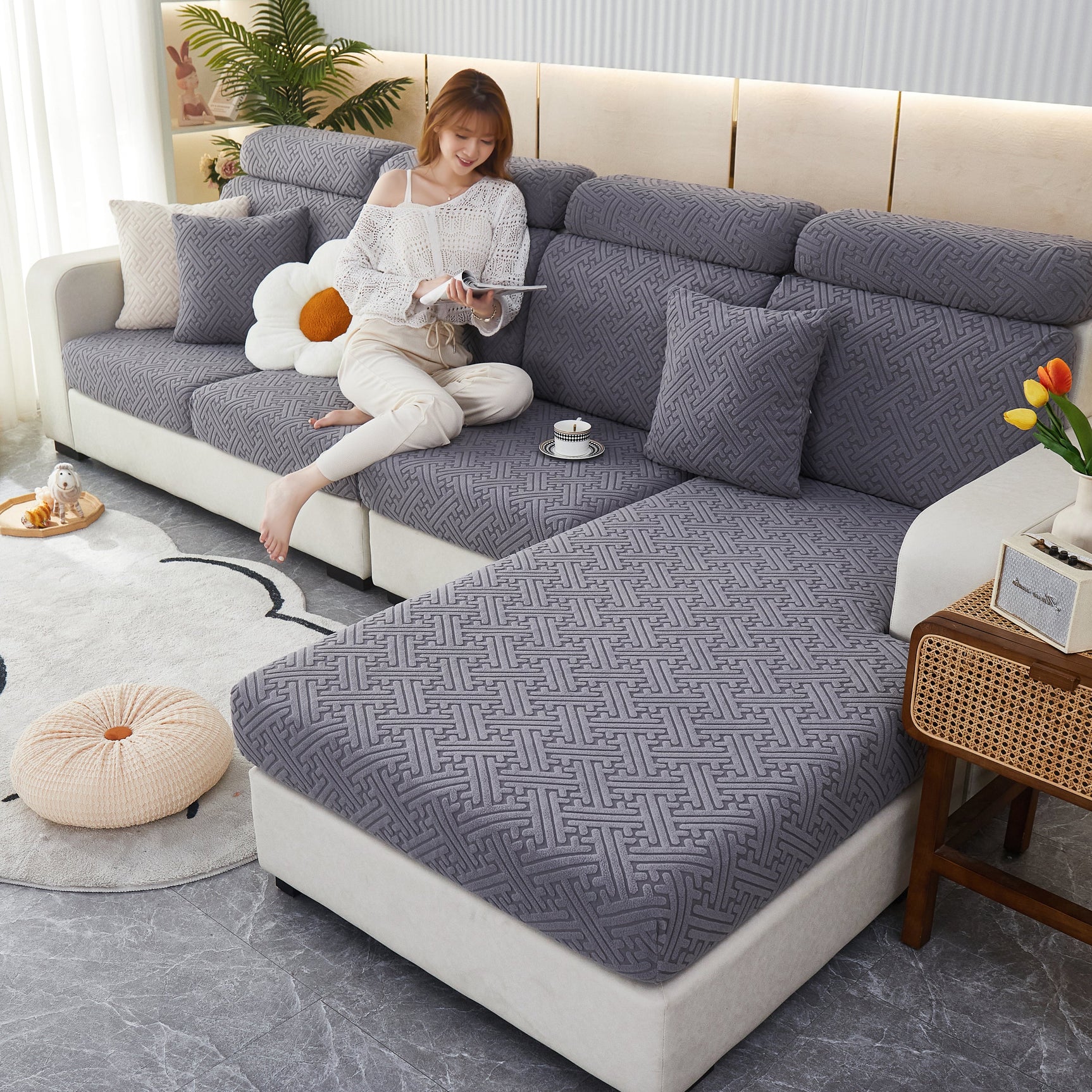 Cozy Polar Fleece Cushion Covers, Pet Friendly Stretch Sofa Covers for L-Shaped Couch and Recliner - Ornate Home