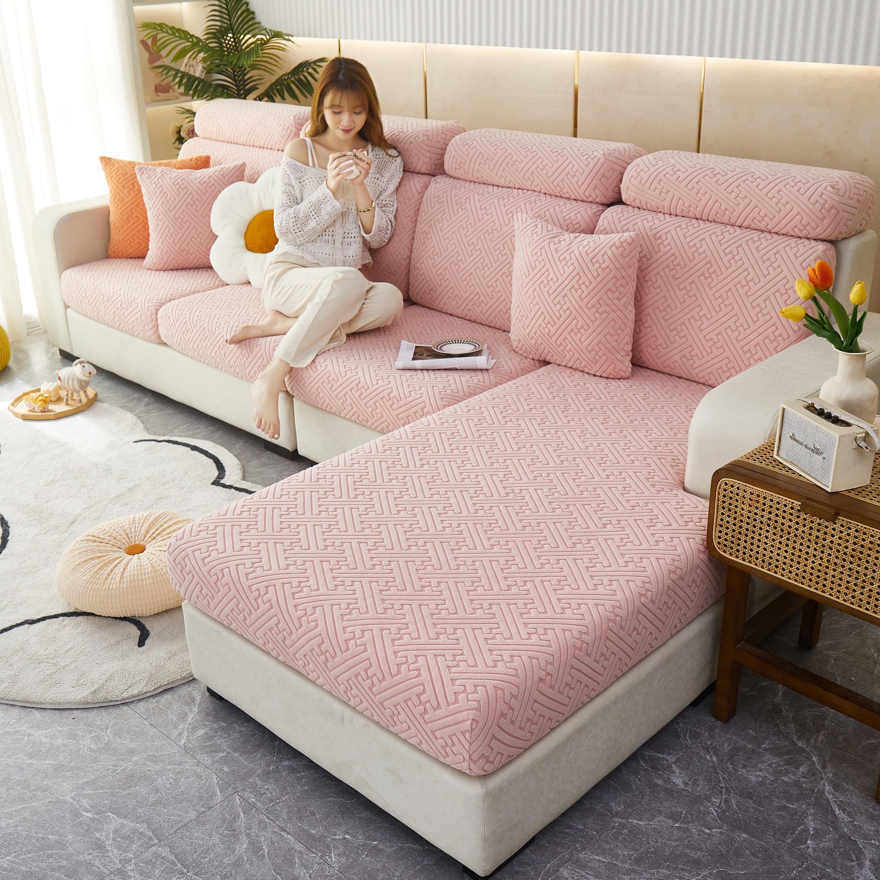 Cozy Polar Fleece Cushion Covers, Pet Friendly Stretch Sofa Covers for L-Shaped Couch and Recliner - Ornate Home