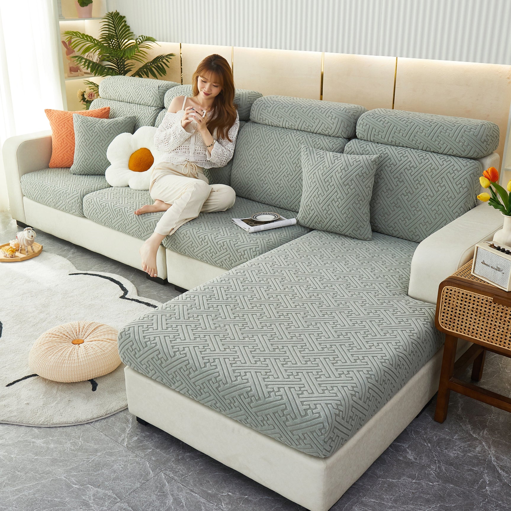 Cozy Polar Fleece Cushion Covers, Pet Friendly Stretch Sofa Covers for L-Shaped Couch and Recliner - Ornate Home
