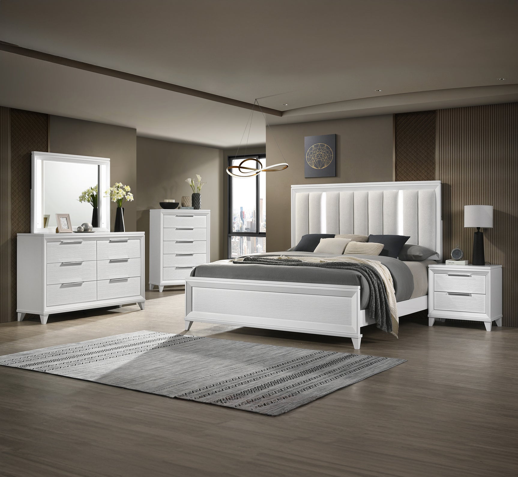 Cressida White Queen Upholstered LED Panel Bed - Ornate Home