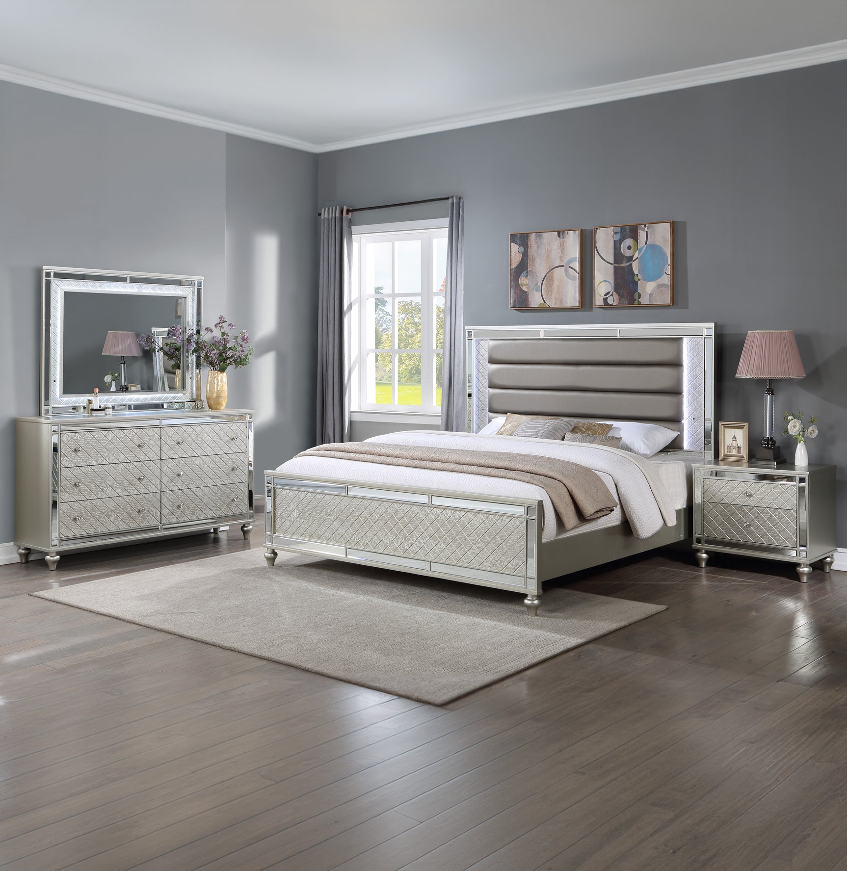 Cristian Champagne Queen LED Upholstered Panel Bed - Ornate Home