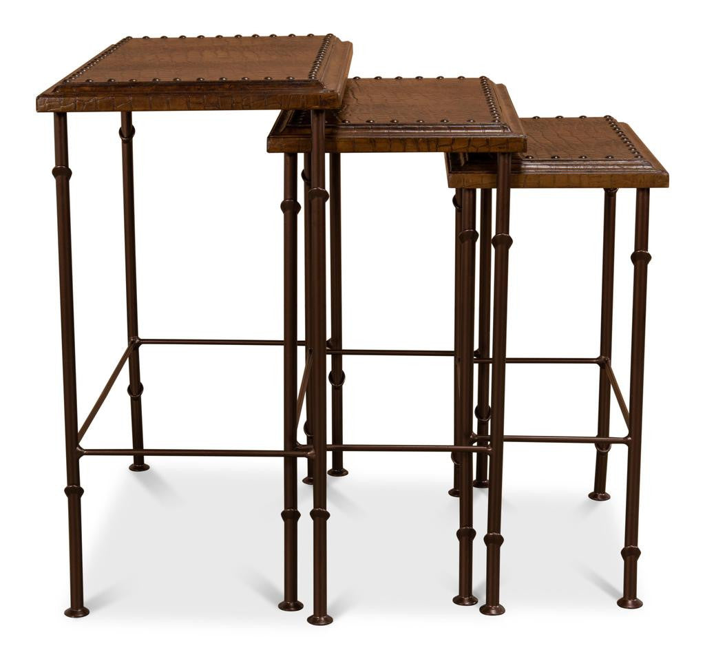 Croc Brown Leather Nesting Tables (Set of 3) - Ornate Home