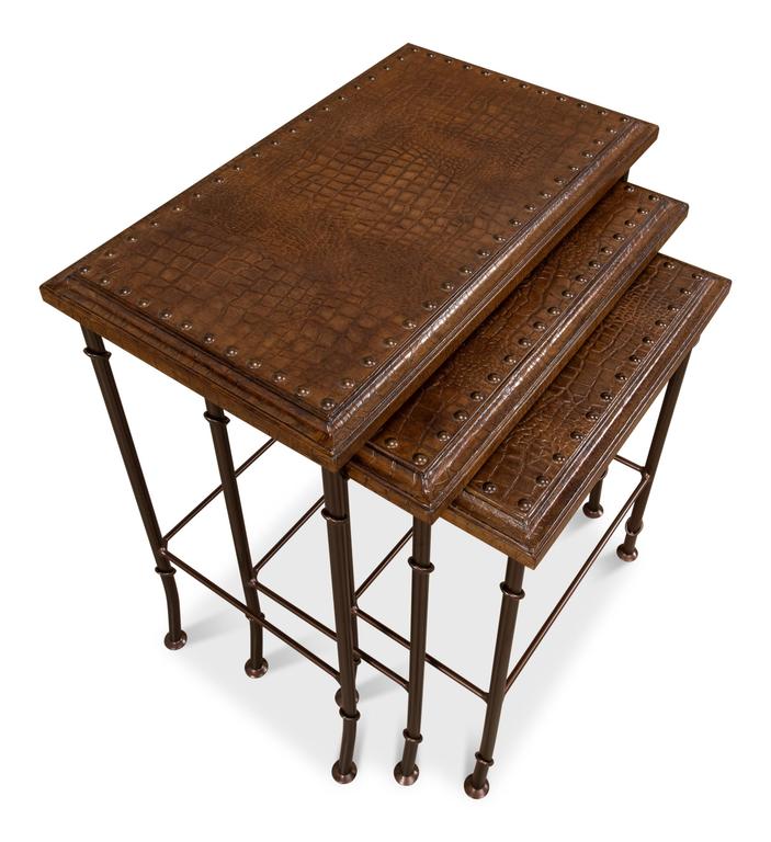 Croc Brown Leather Nesting Tables (Set of 3) - Ornate Home