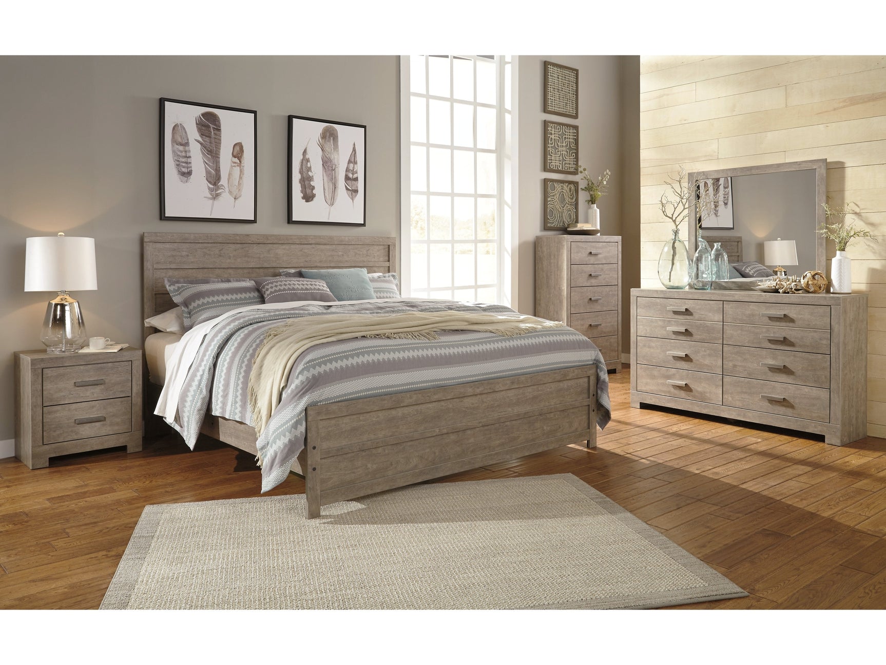Culverbach Gray King Panel Bedroom Set with Dresser, Mirror, Chest and Nightstand - Ornate Home