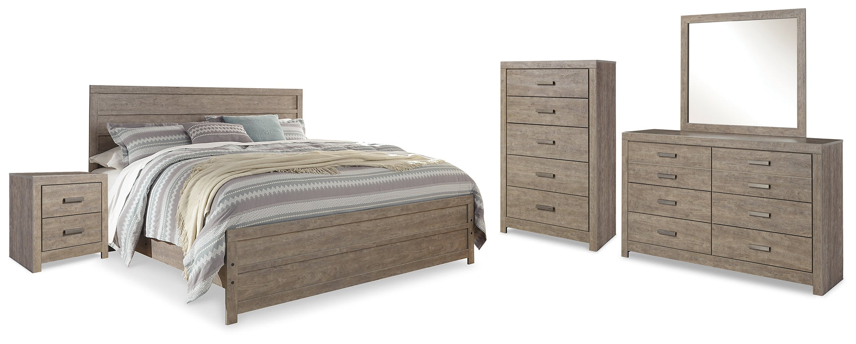 Culverbach Gray King Panel Bedroom Set with Dresser, Mirror, Chest and Nightstand - Ornate Home