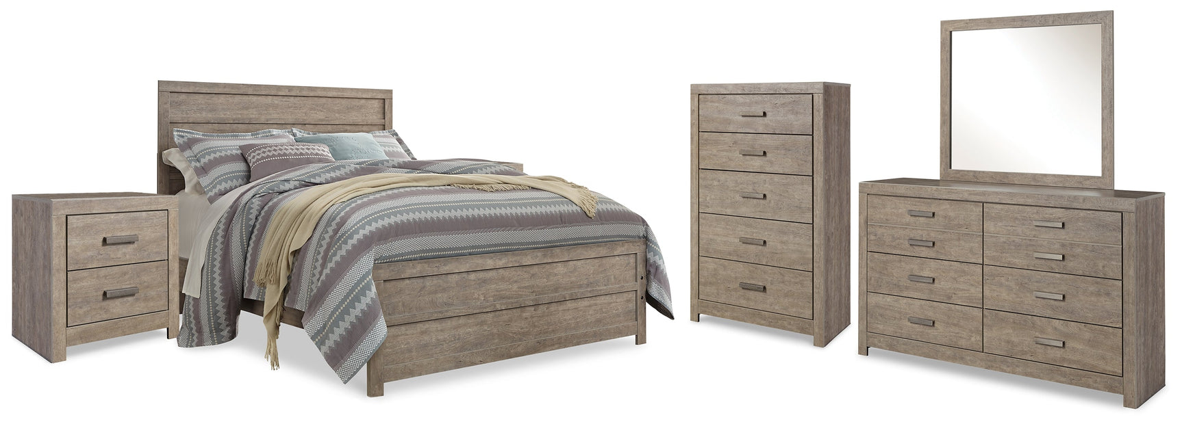 Culverbach Gray Queen Panel Bedroom Set with Dresser, Mirror, Chest and 2 Nightstands - Ornate Home