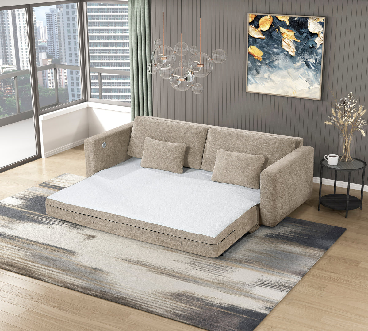 Cumulus Beige Convertible Queen Sleeper Sofa With Charging Ports - Ornate Home